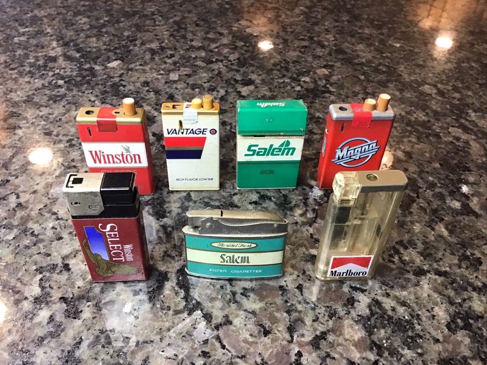 VINTAGE Lot of 7 Advertising Cigarette Lighters WINSTON SALEM VANTAGE MARLBORO