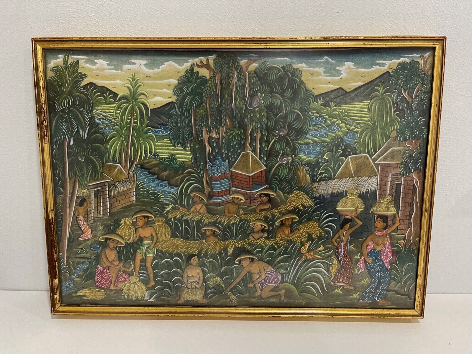 Vintage Balinese Indonesian Painting of Figures in Village Scene