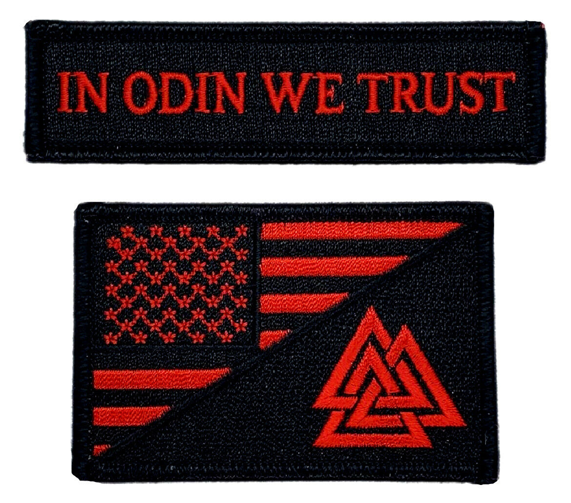 Odin We Trust USA Flag Valknut Viking Patch[2PC Bundle -Iron on Sew on -Red/Blk]