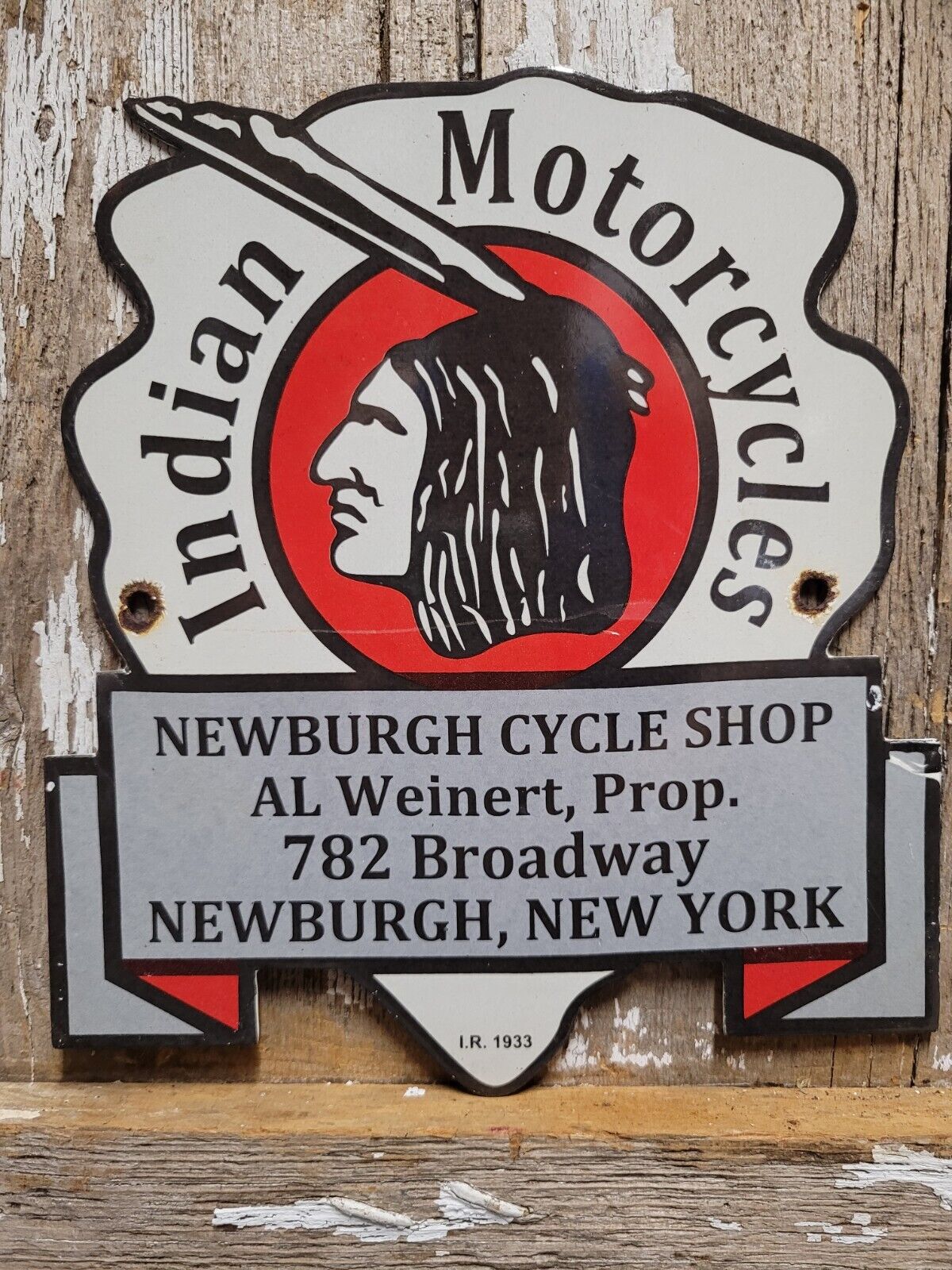 VINTAGE INDIAN MOTORCYCLES PORCELAIN SIGN OLD DEALER SALES SERVICE NEWBURGH NY