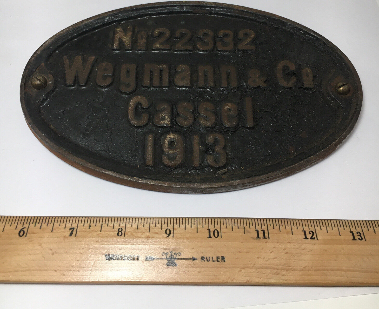 Antique 1913 Builders Plate Wegmann & Co. Cassel