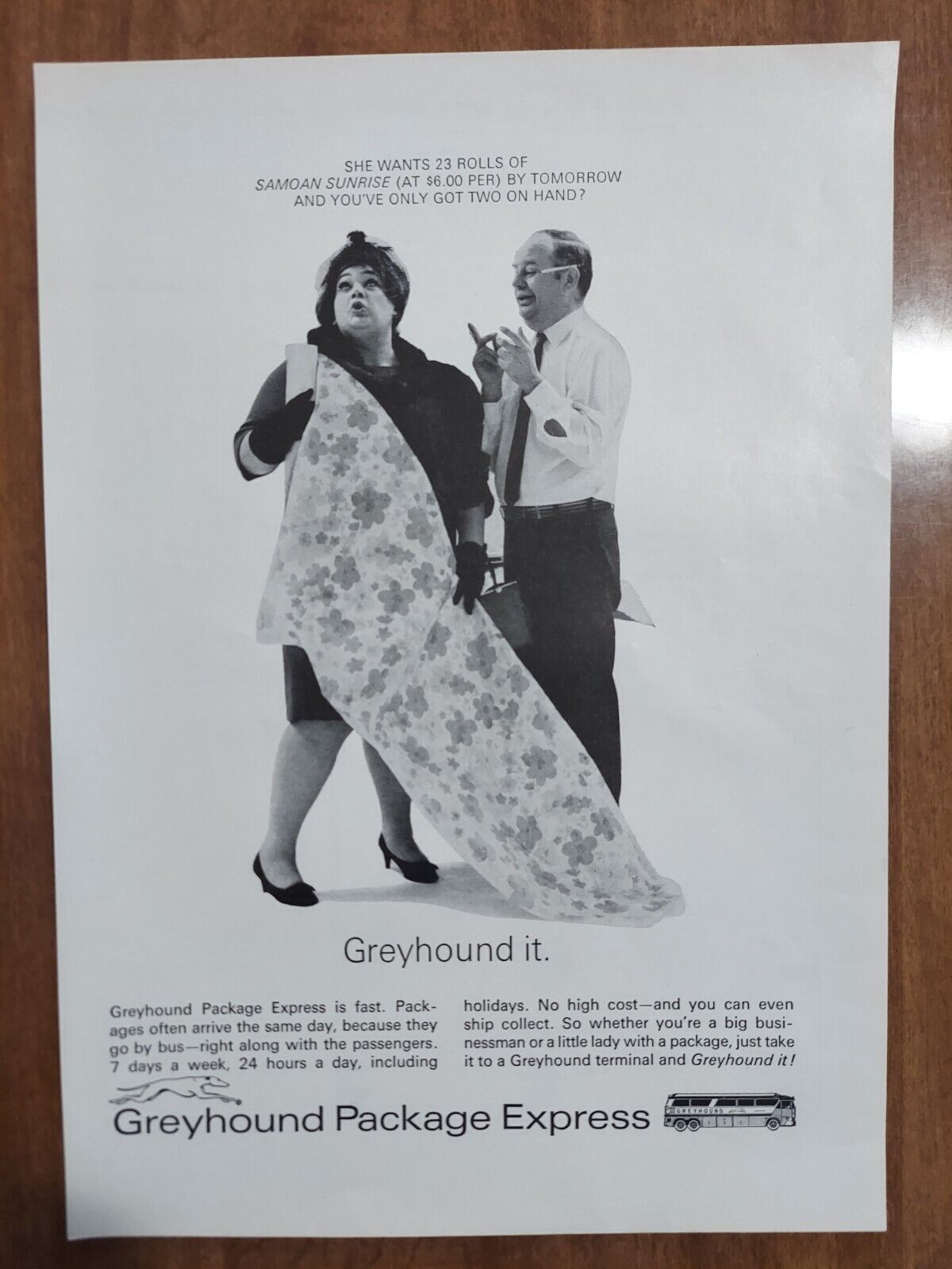 Greyhound Package Express Lady Fabric Roll 1970 Vintage Print Ad