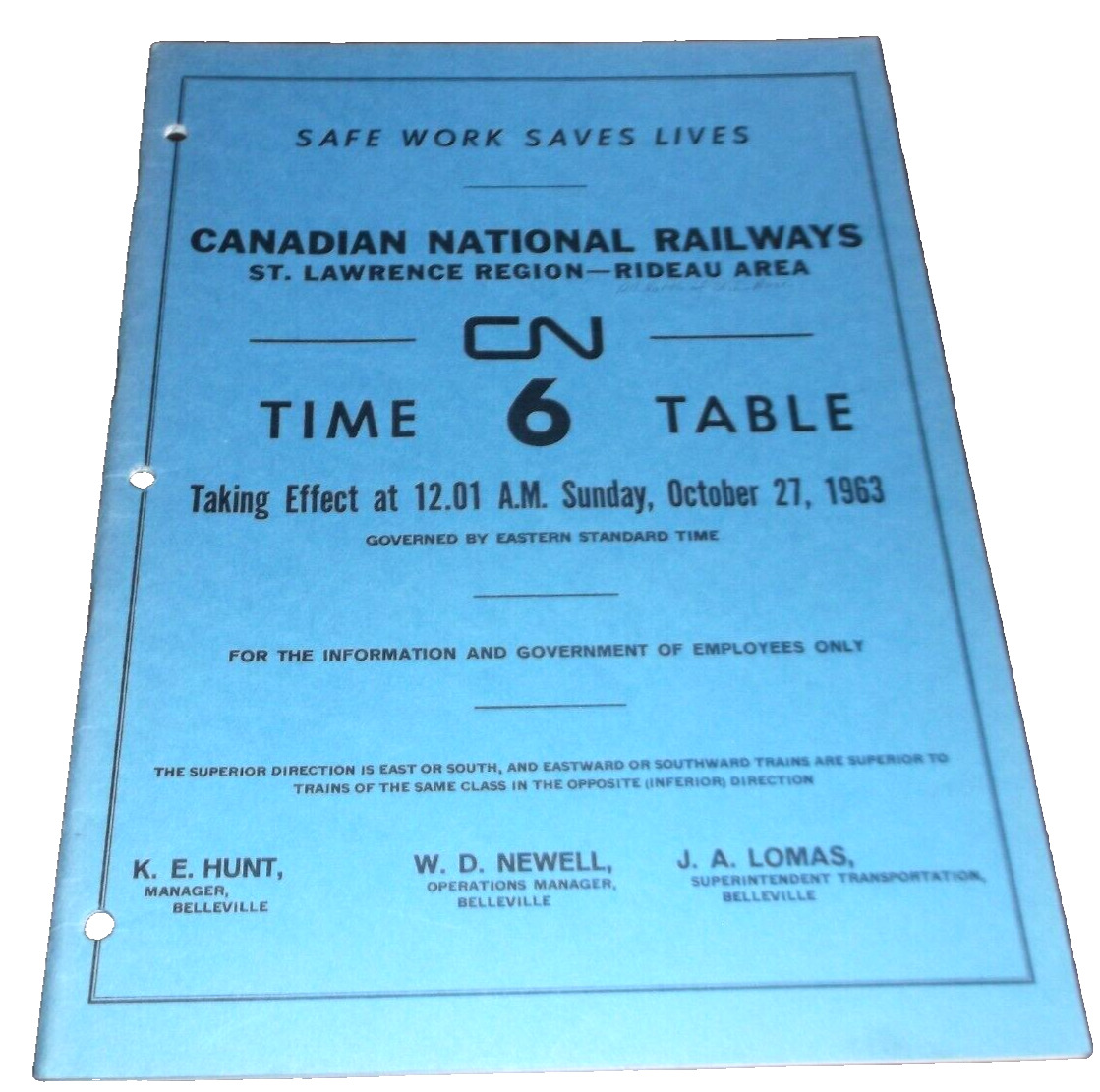 OCTOBER 1963 CANADIAN NATIONAL RIDEAU AREA  EMPLOYEE TIMETABLE #6