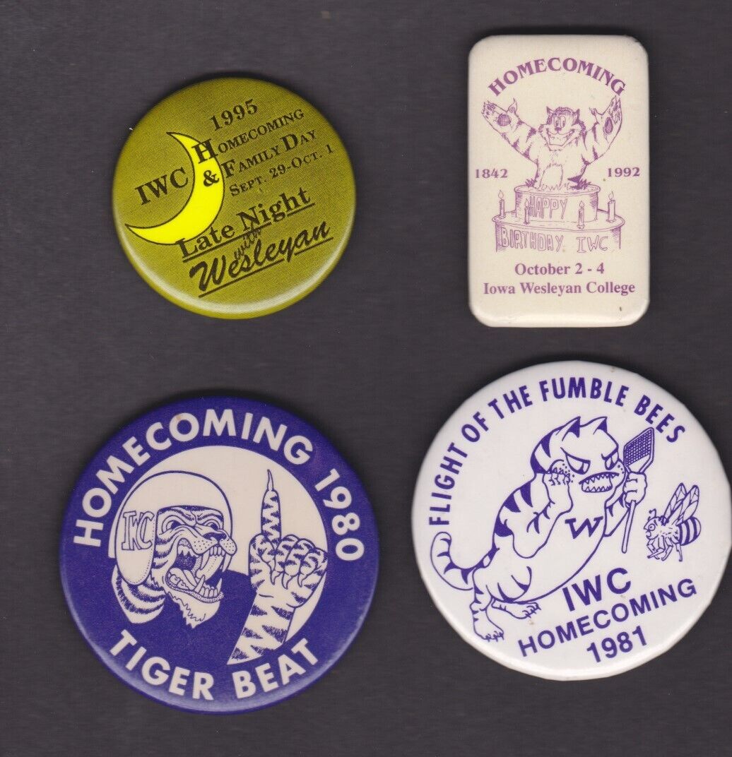 Mt. Pleasant IA (4) Iowa Wesleyan College Homecoming Buttons 1980 1981 1992 1995