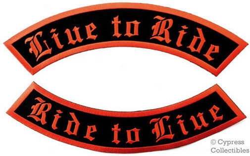 LIVE TO RIDE TWO LARGE PATCH embroidered iron-on ROCKER PATCHES BLACK/ORANGE