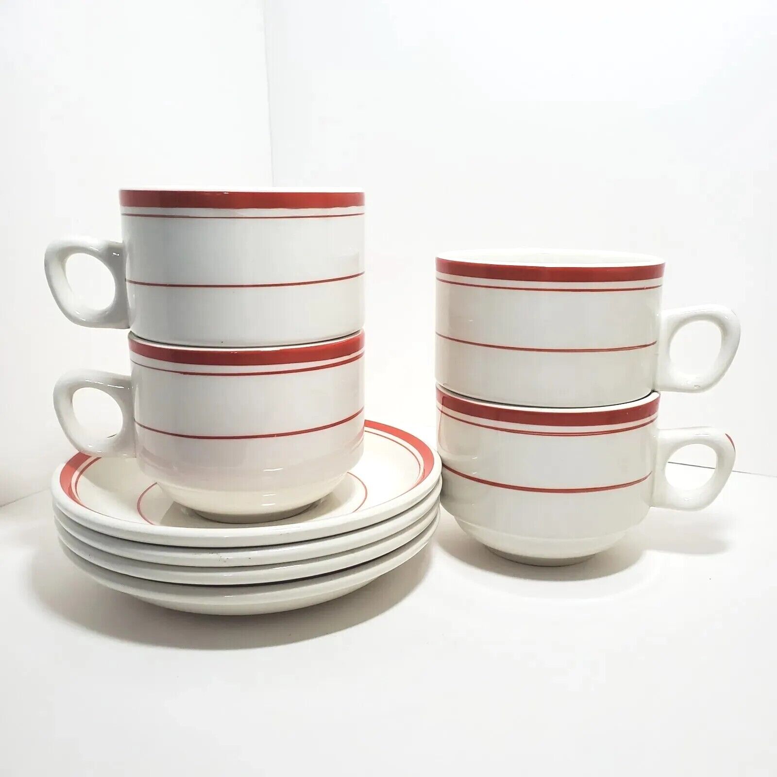 Ironstone Vintage Sampson Bridgwood Lifelong Red Striped Coffee Cup Saucer Set/4
