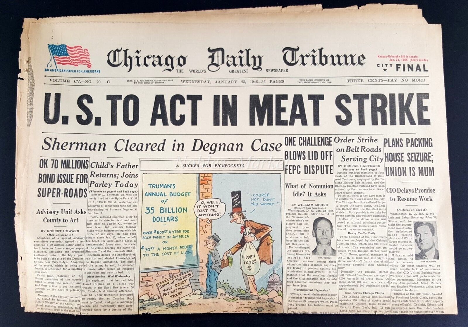 1946 Chicago Tribune Newspaper January 23, Meat Strike