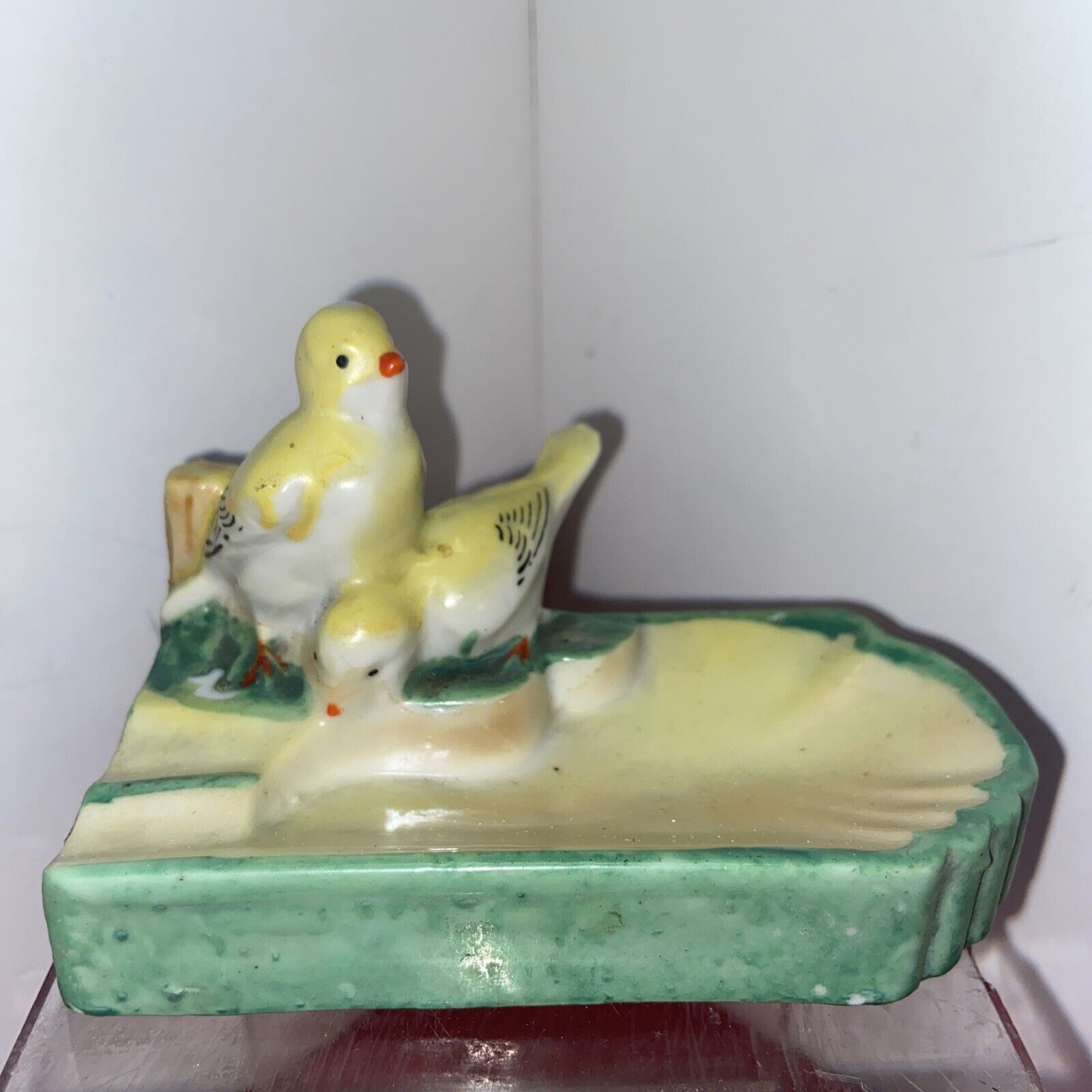 Vtg 1940-50’s Japan Bisque YELLOW CANARY BIRDS green SMALL Ashtray