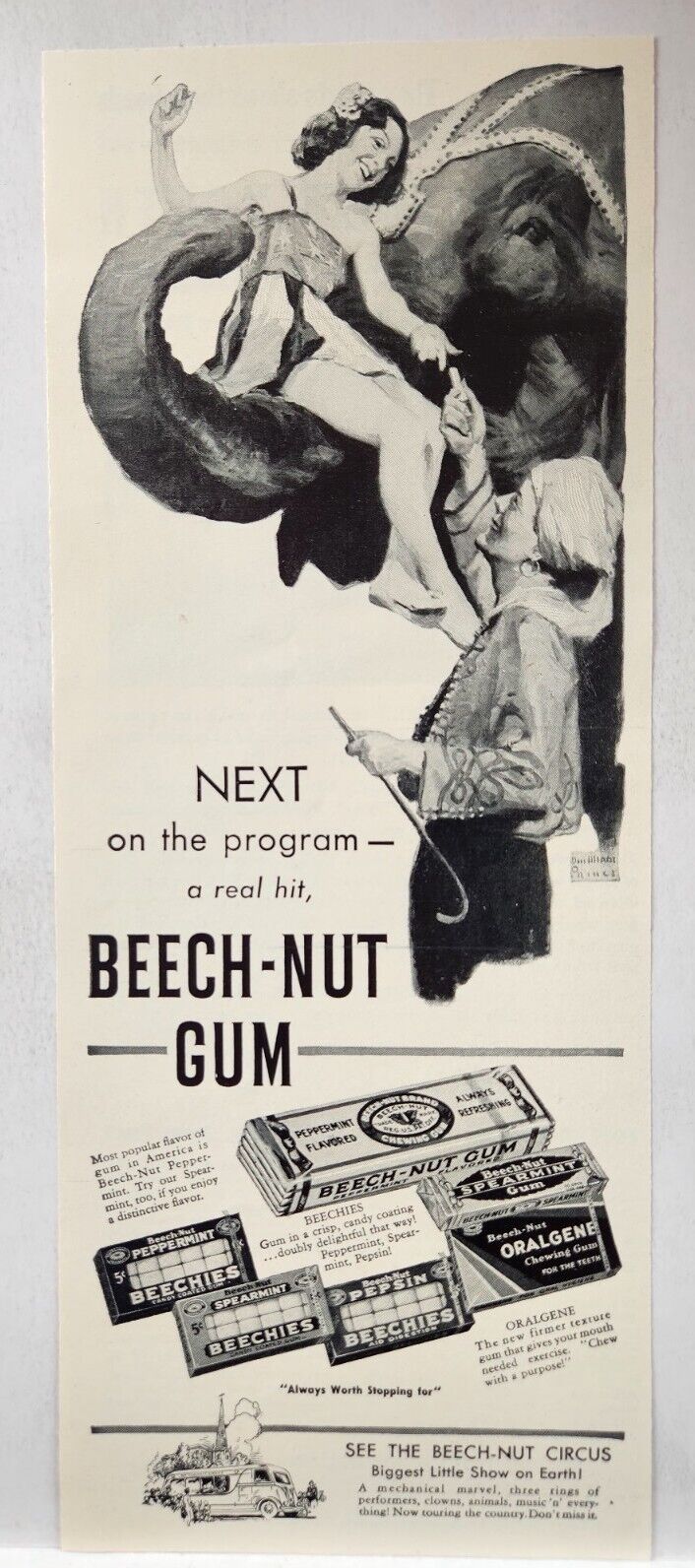 1937 Beech Nut Gum Beechies Circus Elephant Print Ad Man Cave Poster Art 30's