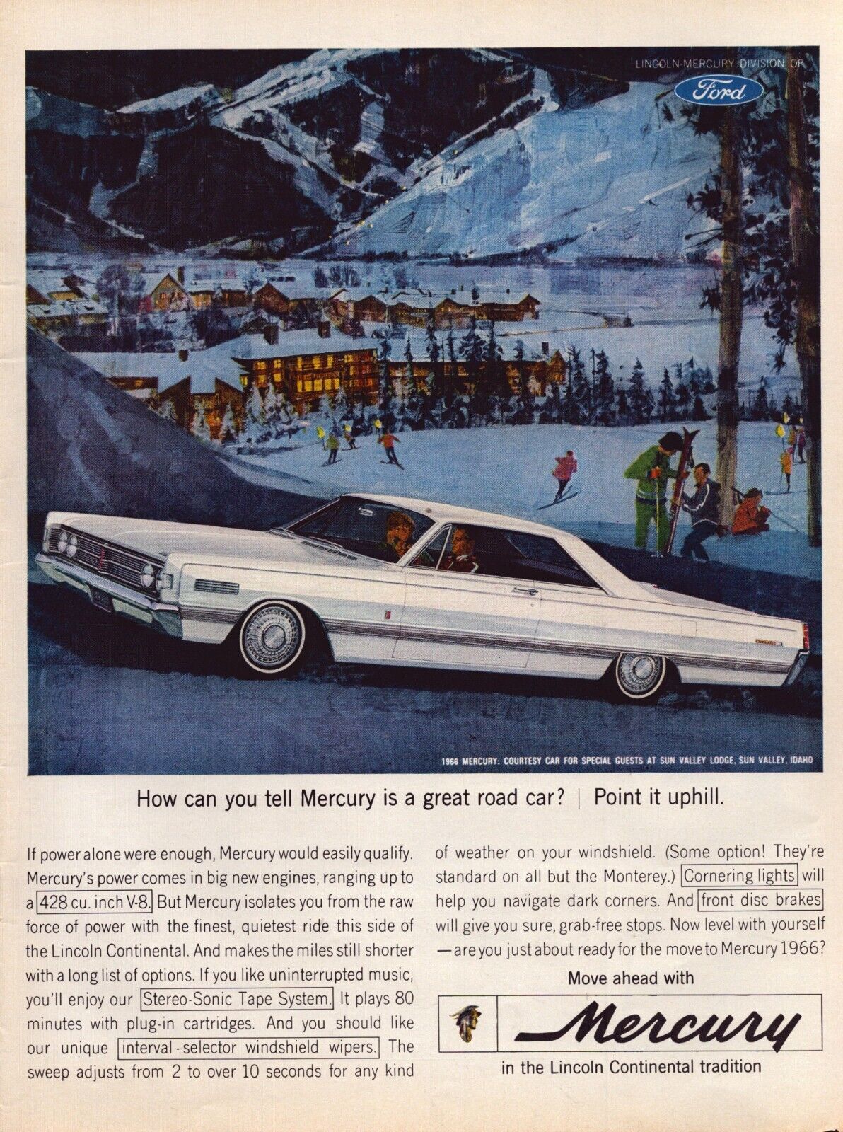 1965 Mercury Automobile Print Ad Up Hill Sun Valley Ski Lodge Idaho Mountain