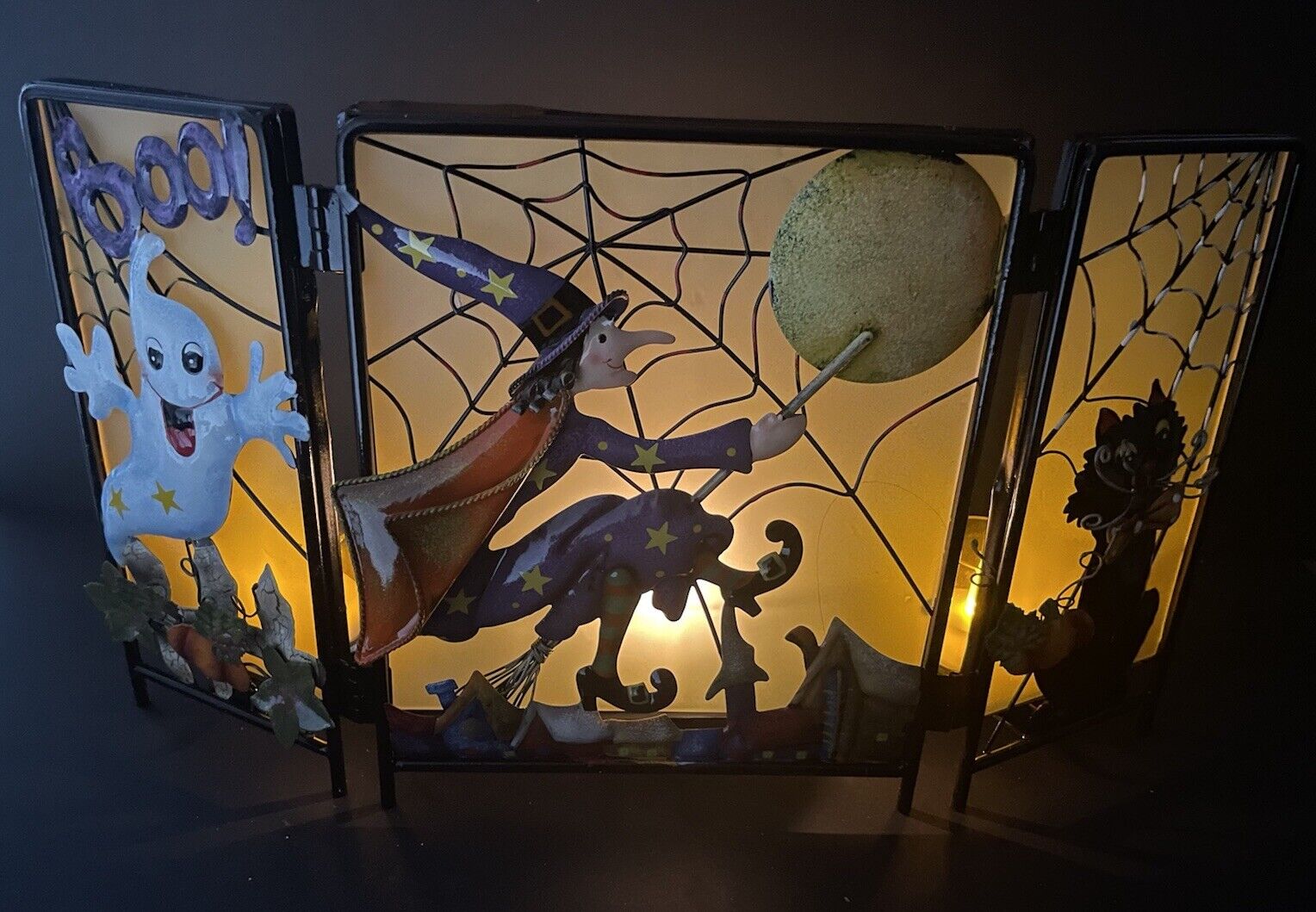 Fall Halloween Witch Ghost Black Cat Vintage Screen Set Home Interiors and Gifts