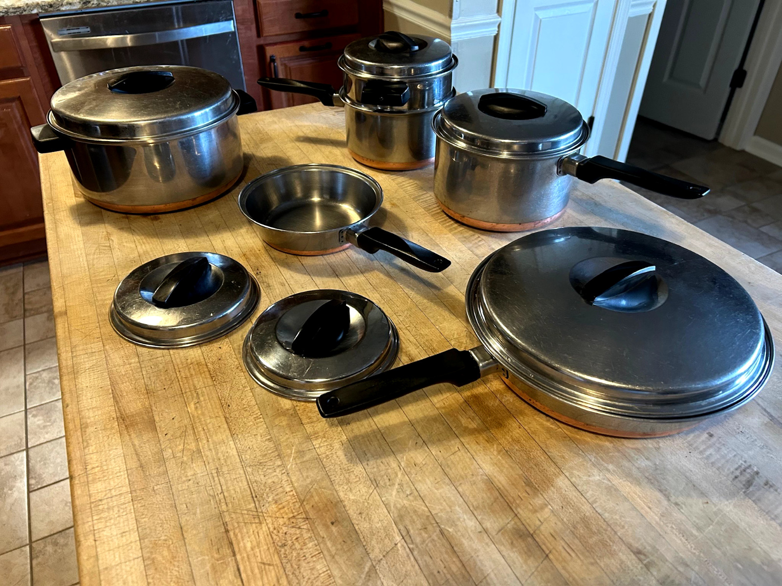 Vtg 1950's Eckoware Pan Cookware Set SS w/ Thick Copper Bottoms USA 10pcs