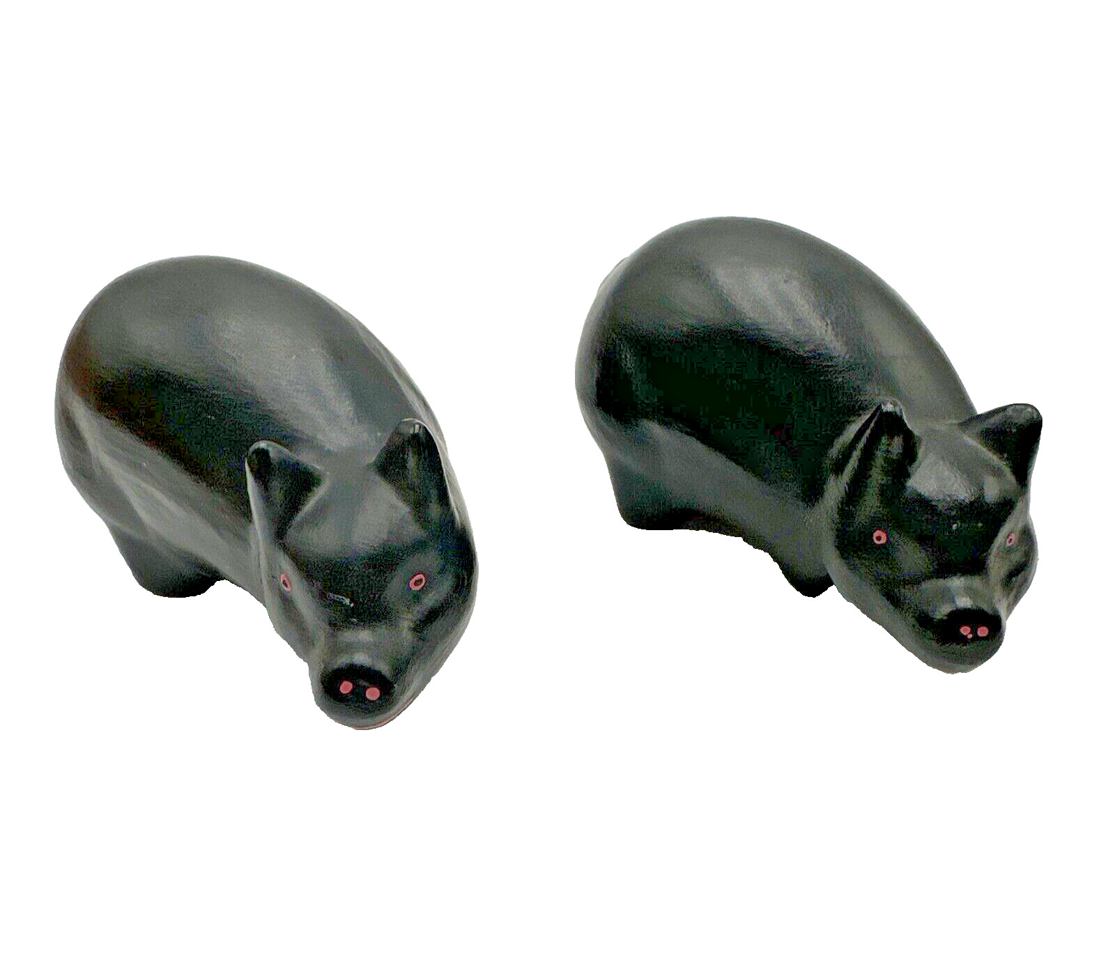 Rare MCM lot- 2 Black Pigs Hand Carved Wooden Anatomically Correct Pigs Figurine