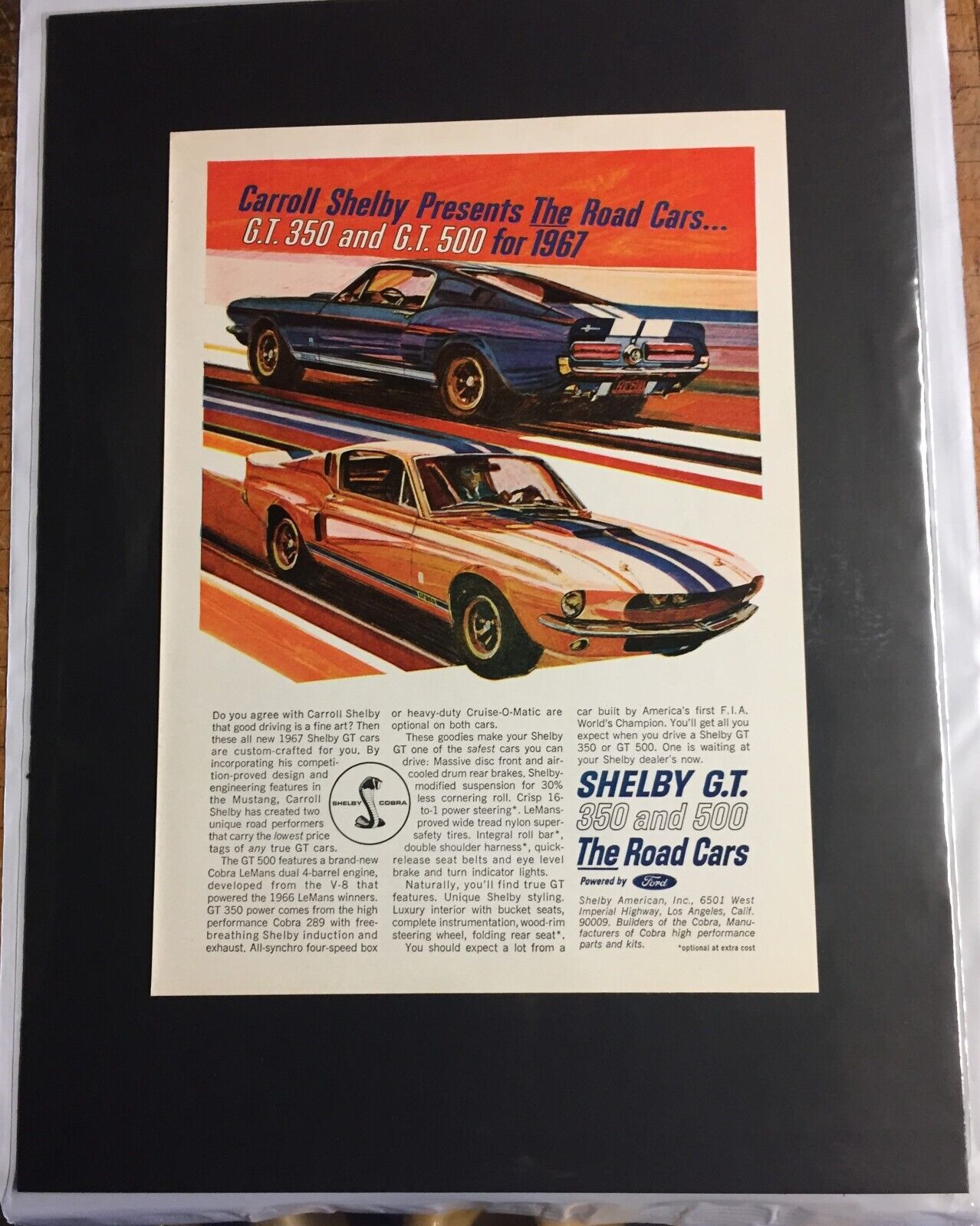 *READY to DISPLAY* print 1967 Ford Mustang Shelby*Original*ad Cobra GT 350/500 c