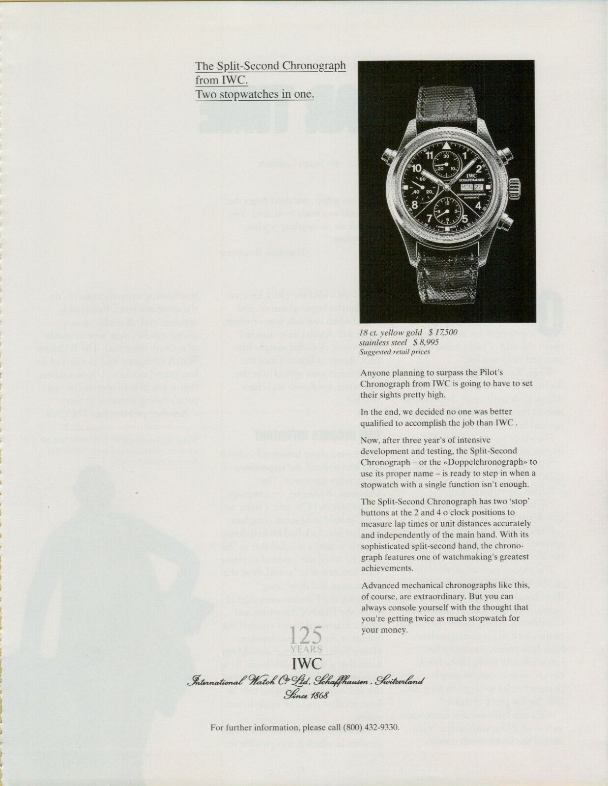 1994 IWC Split Second Chronograph Two Stopwatches in One Watch Vintage Print Ad