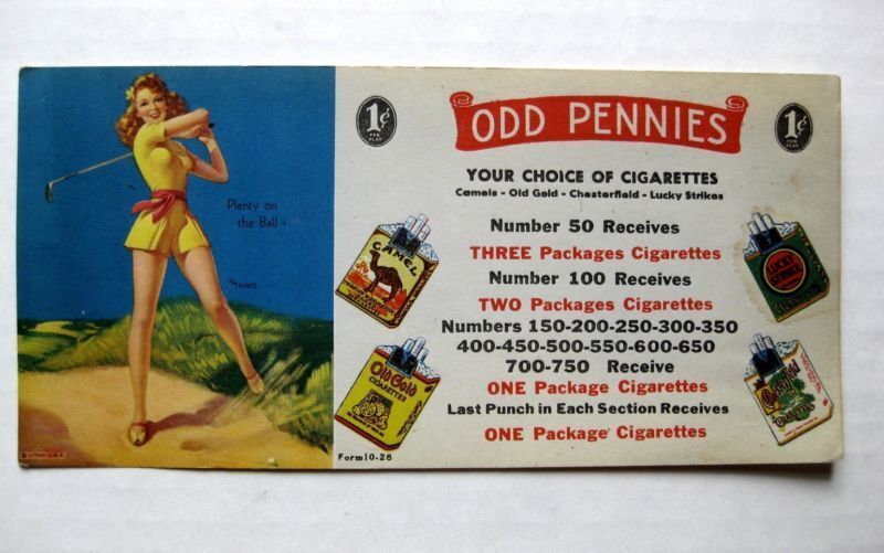 Rare 1940s Punchboard Lottery Game Pinup Girl Label by Elvgren Woman Golfer