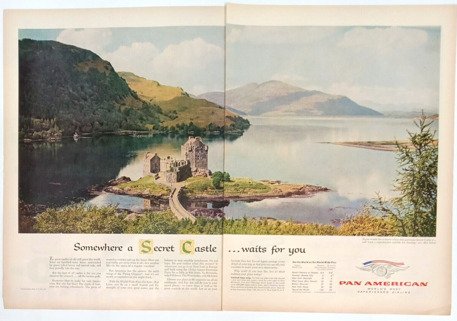 Vintage 1957 Pan American Airlines Print Ad Secret Castle 2 Page Advertisement