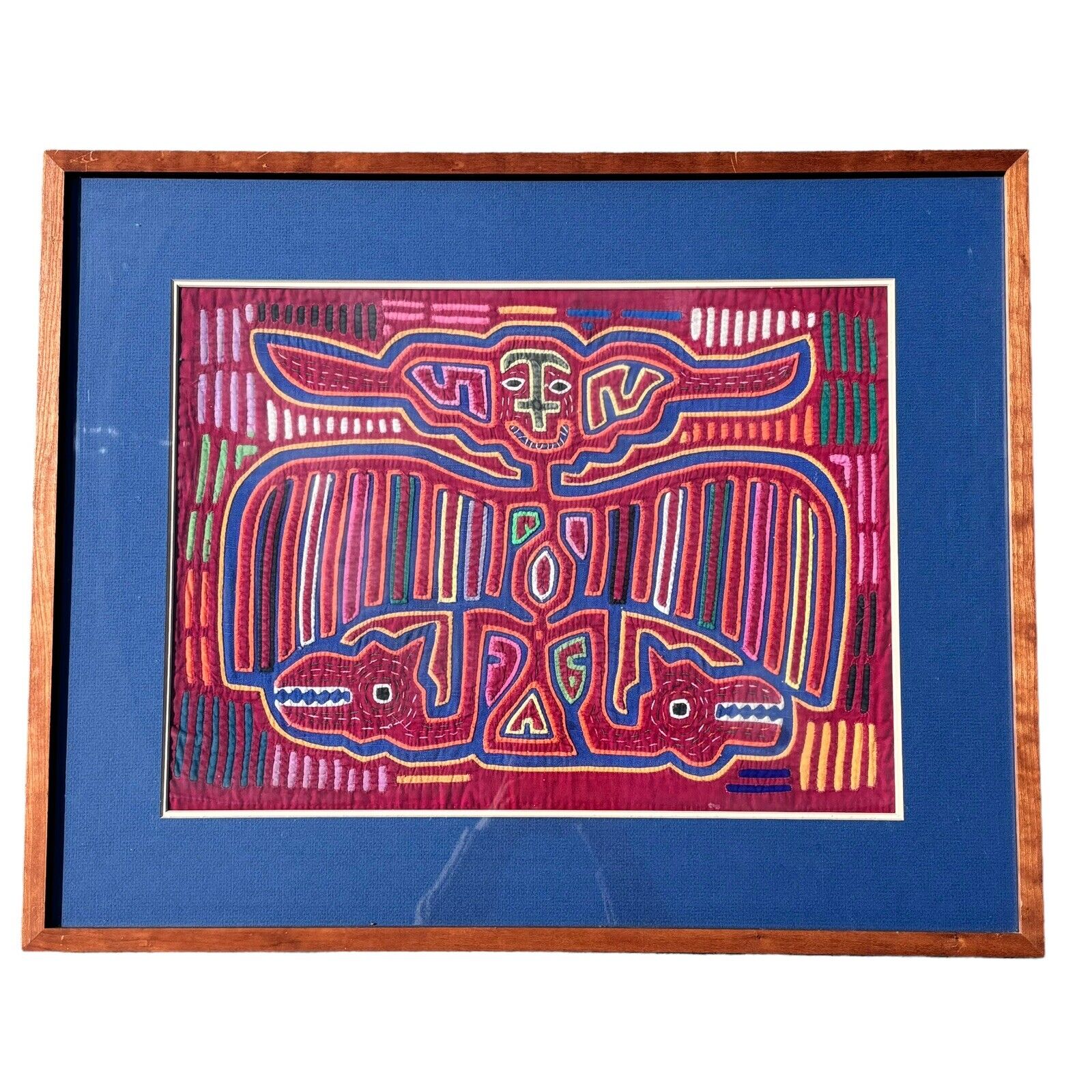 Vintage Mola Textile Tapestry Folk Art by Kuna Indians Wood Framed 20” X 24”
