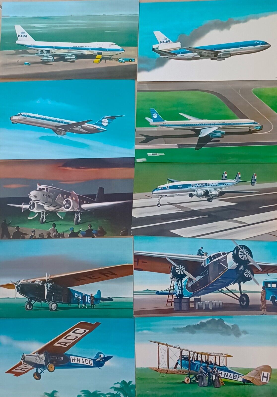 KLM 10 Large Airplanes Postcards 50 Years Europe Far East, cards are 9in x 6in