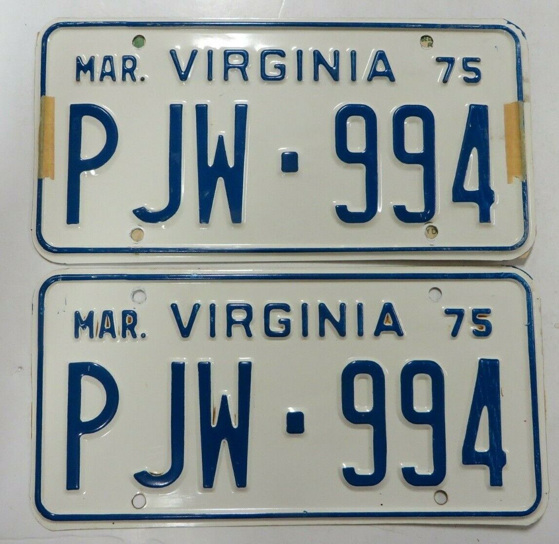 Vintage 1975 VIRGINIA License Plate Tag #PJW-994 Antique UNUSED New NOS Pair Set