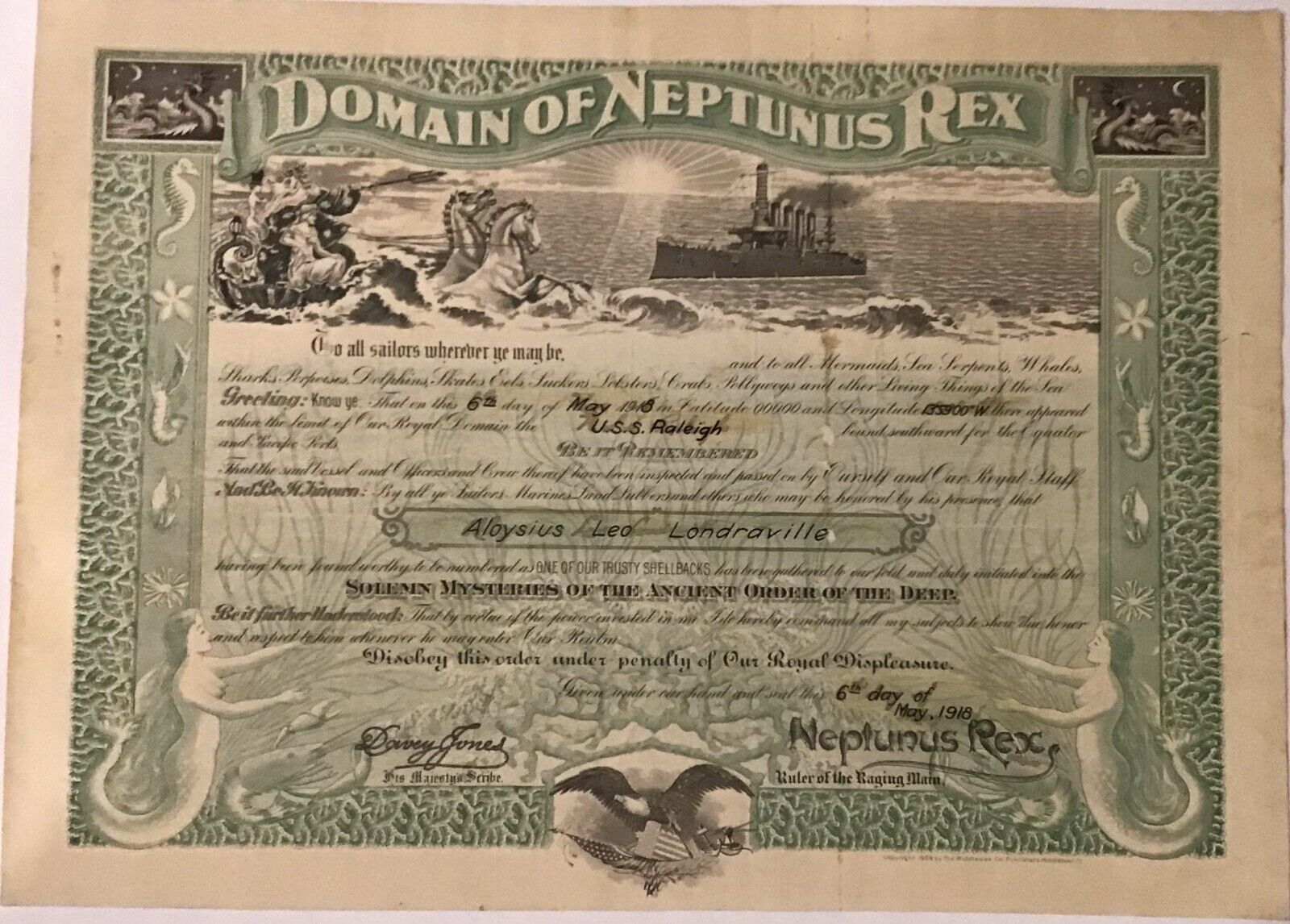 “Domain of Neptunus Rex” May 6, 1918 Certificate, U.S.S. Raleigh, WWI