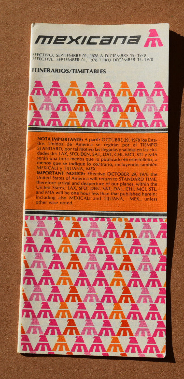 Vintage  Mexicana  timetable 1978