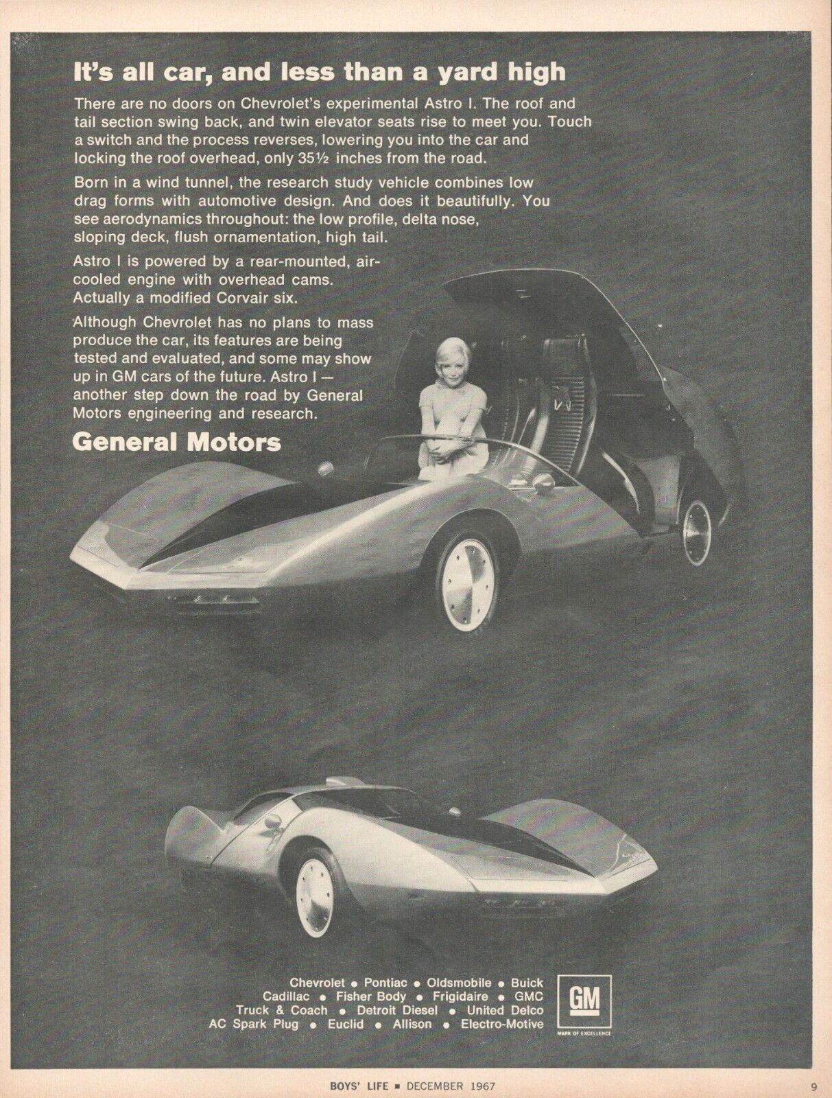 1967 General Motors Chevrolet ASTRO 1 PRINT AD experimental car futuristic