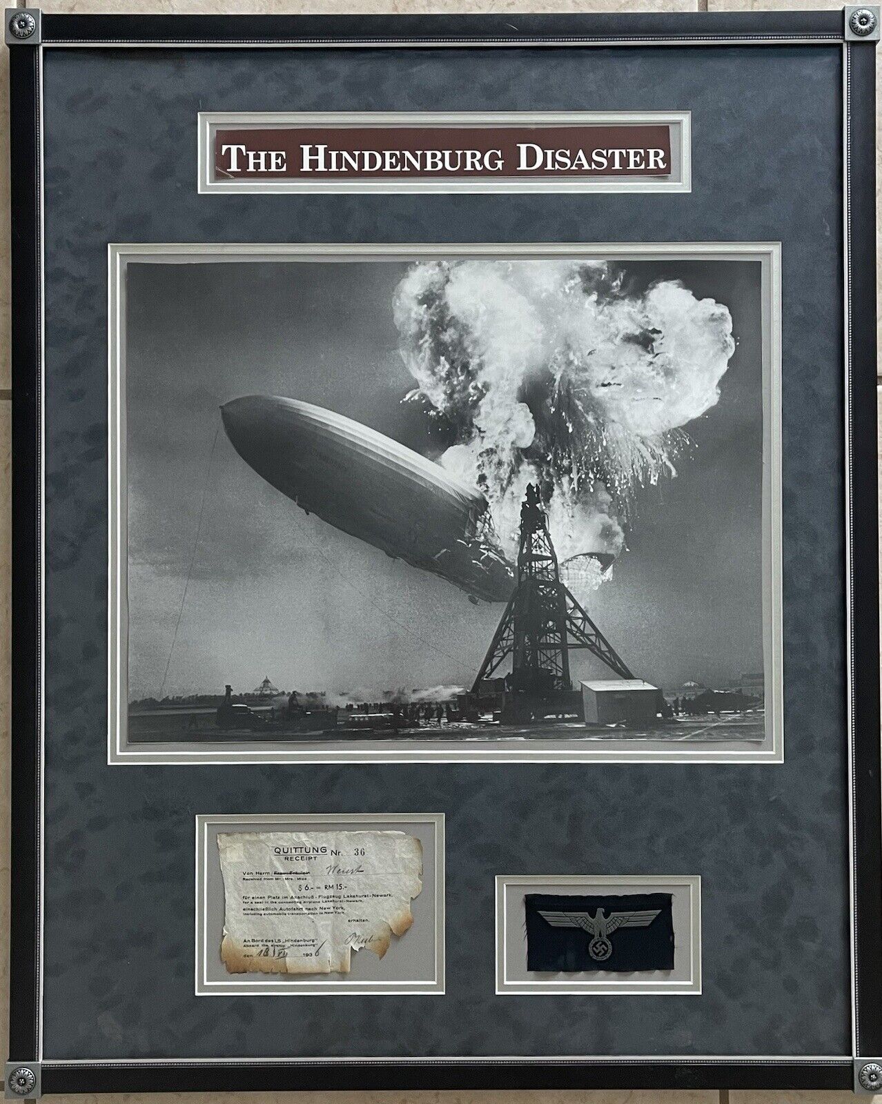 HINDENBURG DISASTER FRAMED 1936 FLIGHT TICKET AS SEEN ON GAME OF PAWNS COA 30x24