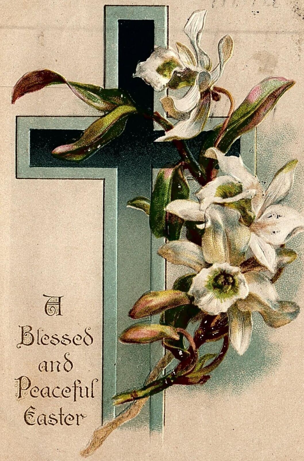 1916 EASTER BLESSED PEACEFUL GWYNEDD PA CROSS EASTER LILLIES POSTCARD 20-144
