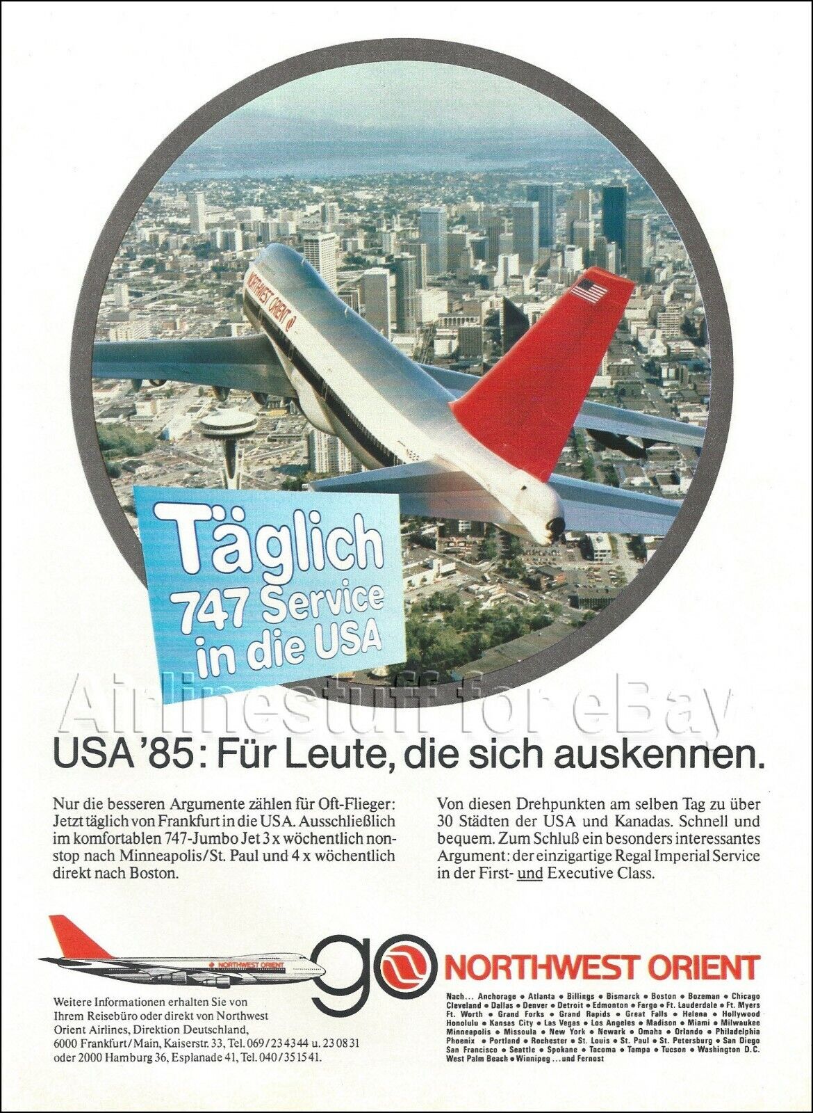 1985 NORTHWEST ORIENT advert BOEING 747 over SEATTLE airlines airways GERMAN