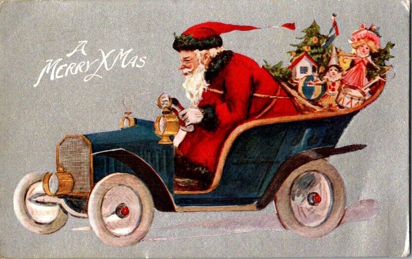 Postcard Santa Claus Races to Deliver Toys to Children in Old Car 1909     J-111
