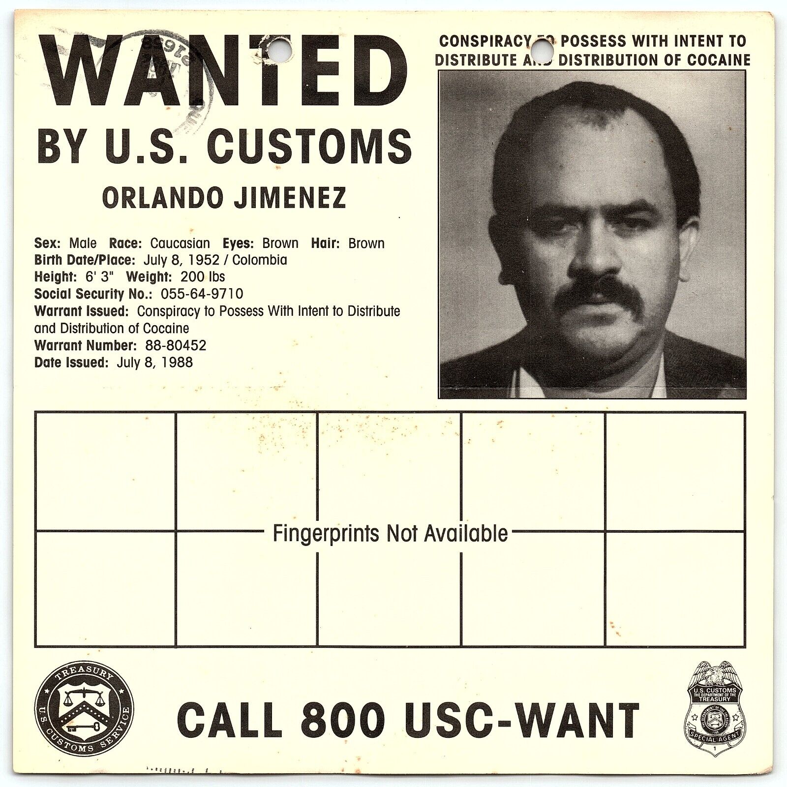 1988 FBI WANTED POSTER ORLANDO JIMENEZ COLUMBIAN COCAINE DISTRIBUTER  Z4976