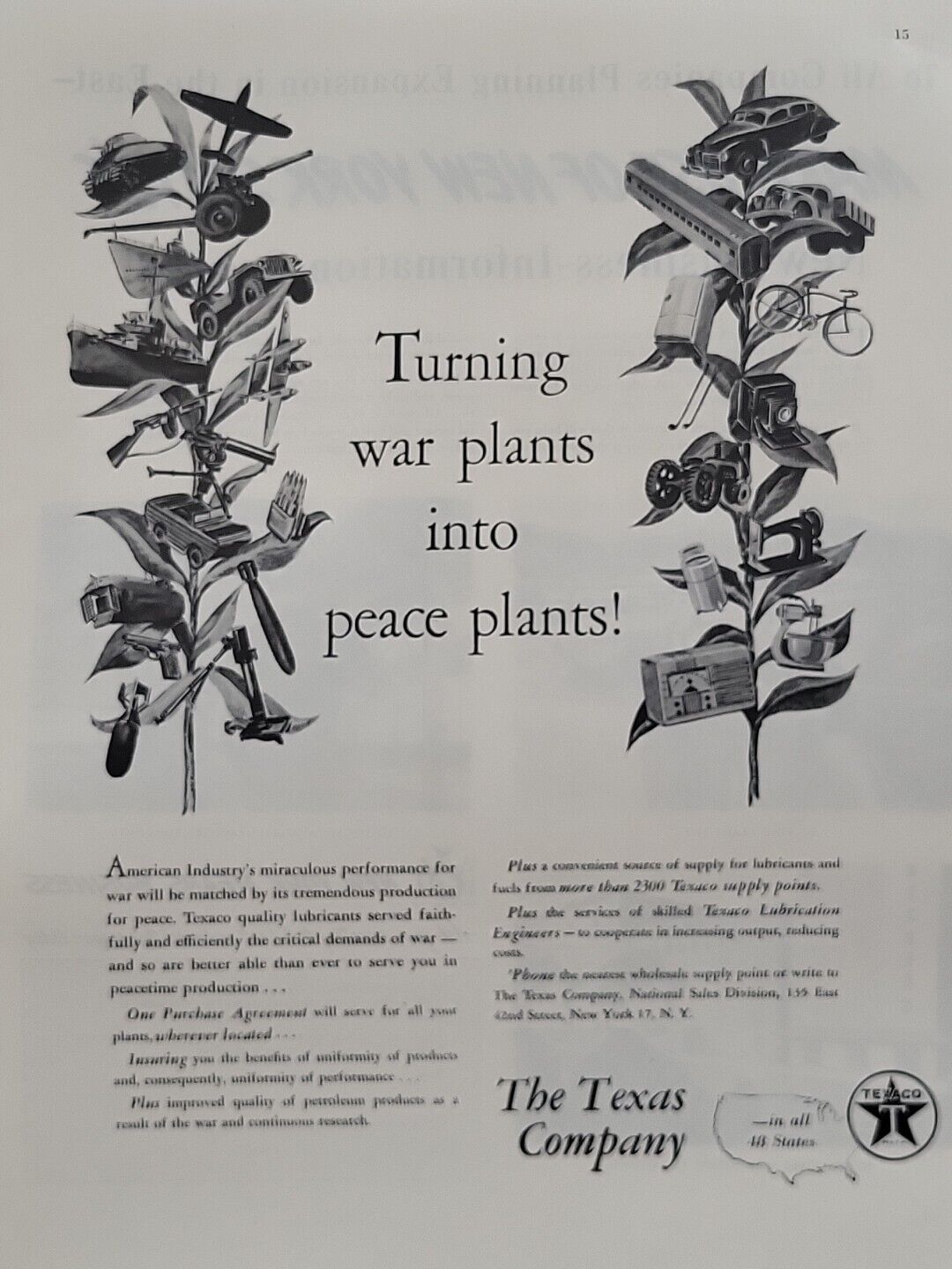 1945 Texaco Texas Company Fortune WW2 Print Ad War Plants into Peace Plants
