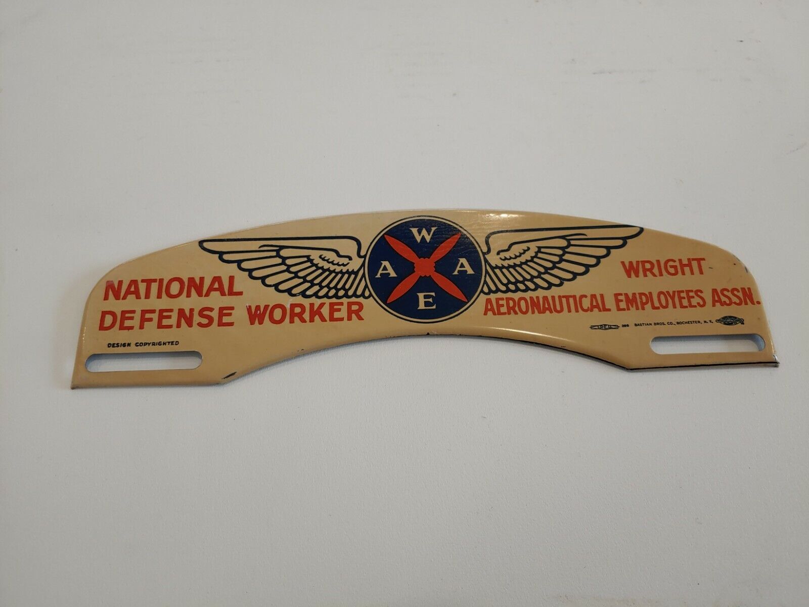 Vintage 1950\'s  Nat’l Defense Workers Wright Aeronautical  Tag license Topper