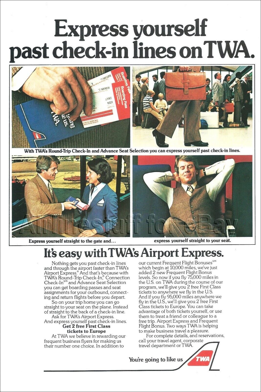 1982 TWA Trans World Airlines AIRPORT EXPRESS CHECK-IN AD advert airways