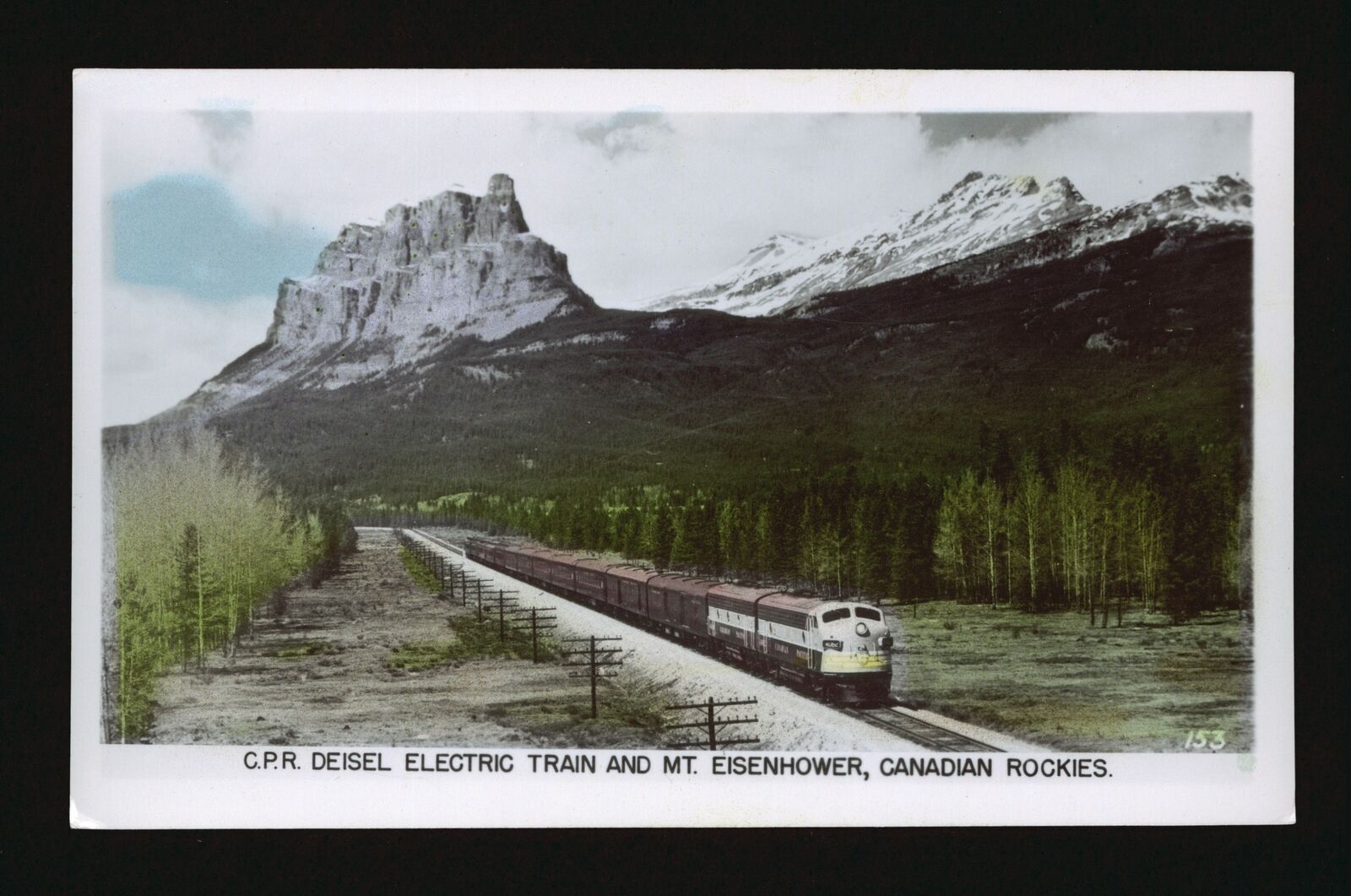 CPR Deisel electric train and Mt Eisenhower Canadian Rockies - Ste- Old Photo