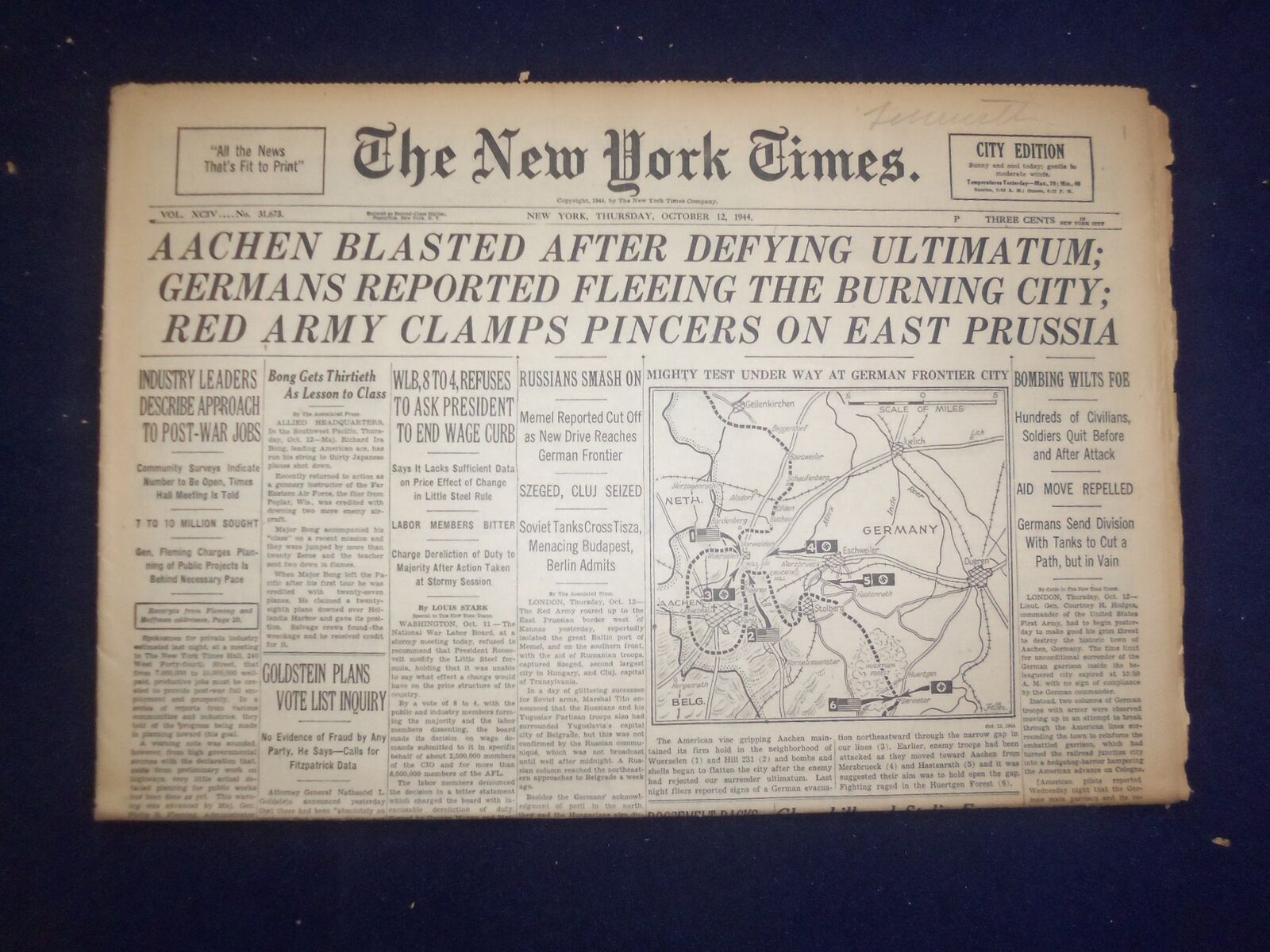 1944 OCT 12 NEW YORK TIMES - AACHEN BLASTED AFTER DEFYING ULTIMATUM - NP 6637