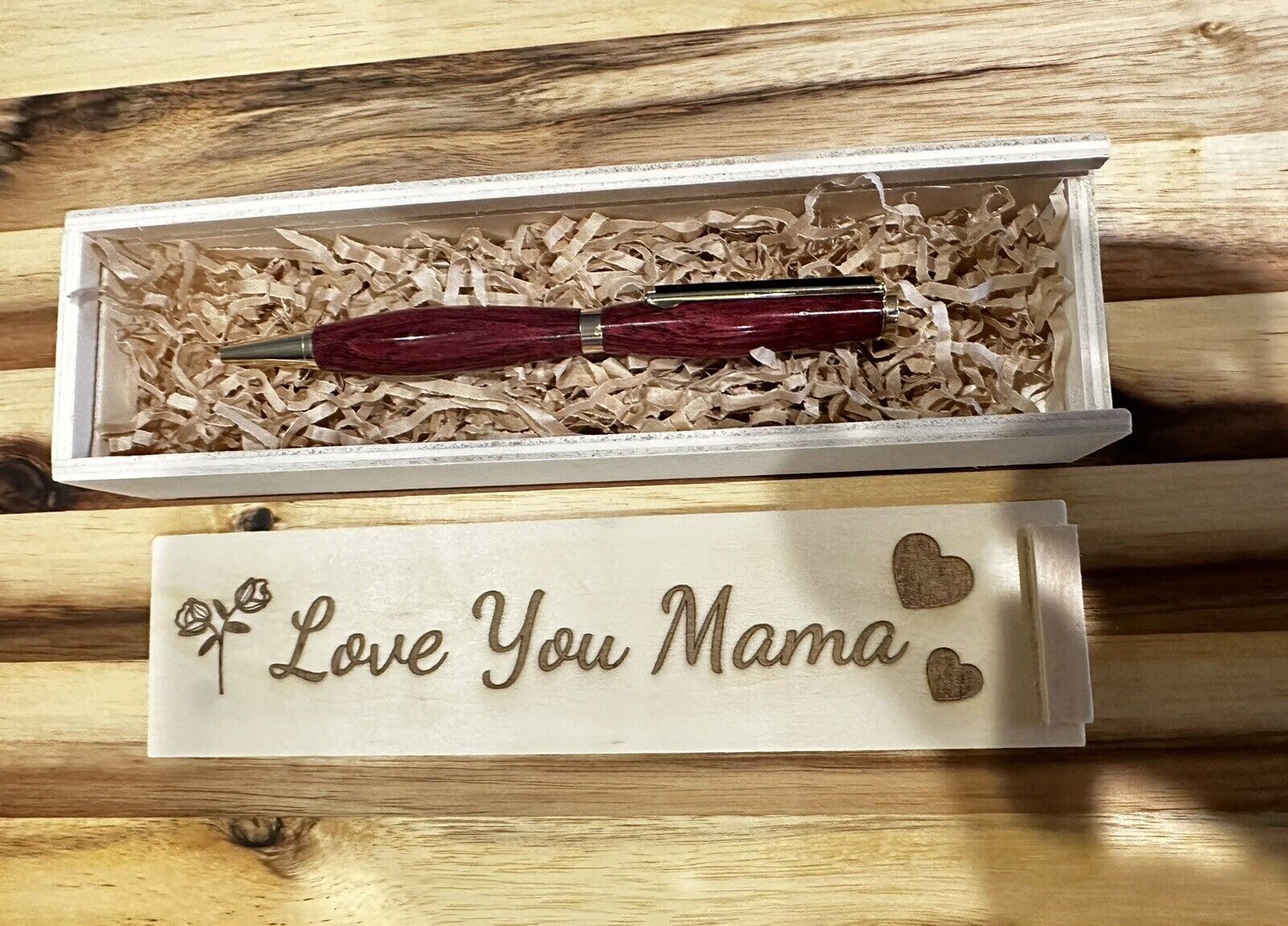 Wooden Purple Heart Handmade Wood Pen Love You Mama Engraved Gift Box Mothers