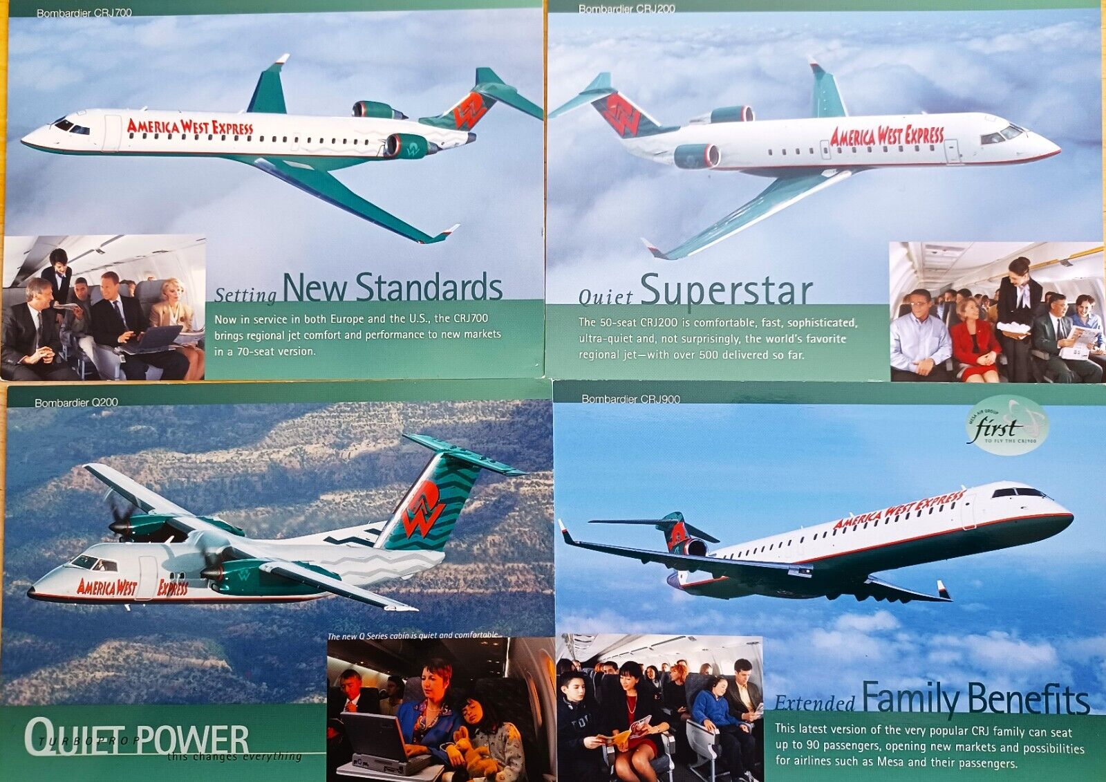 AMERICA WEST EXPRESS 4 PHOTO DATA POSTCARDS, Q200, CRJ200, CRJ700, CRJ900