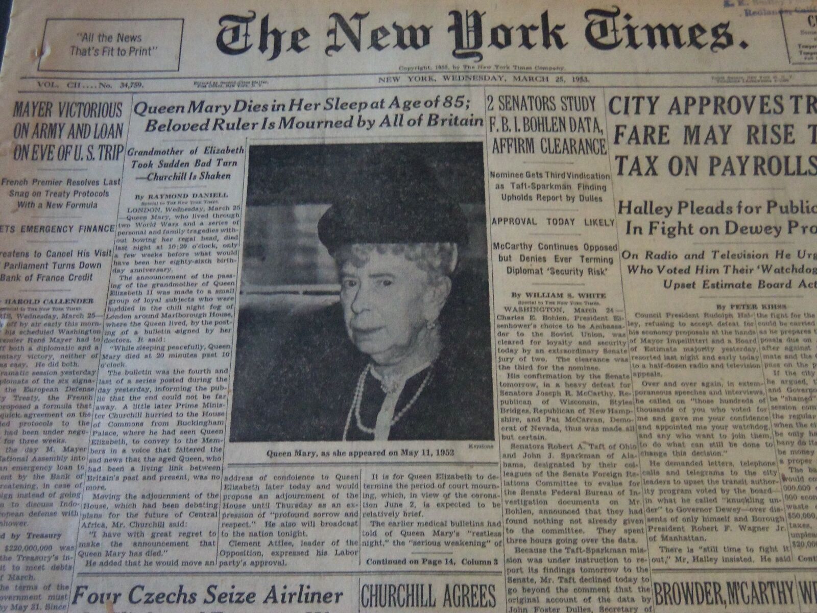 1953 MARCH 25 NEW YORK TIMES - QUEEN MARY DIES IN HER SLEEP - NT 6312