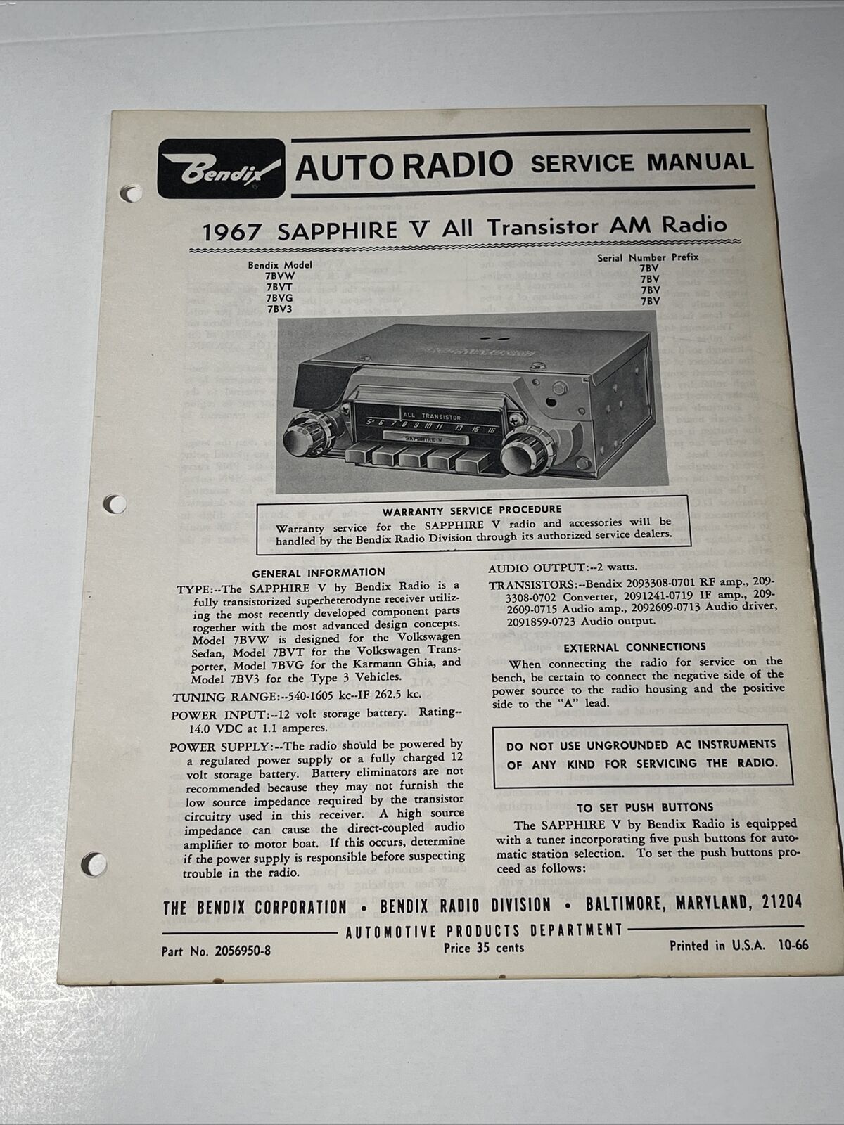 1967 Bendix Sapphire V Transistor AM Radio Service Manual