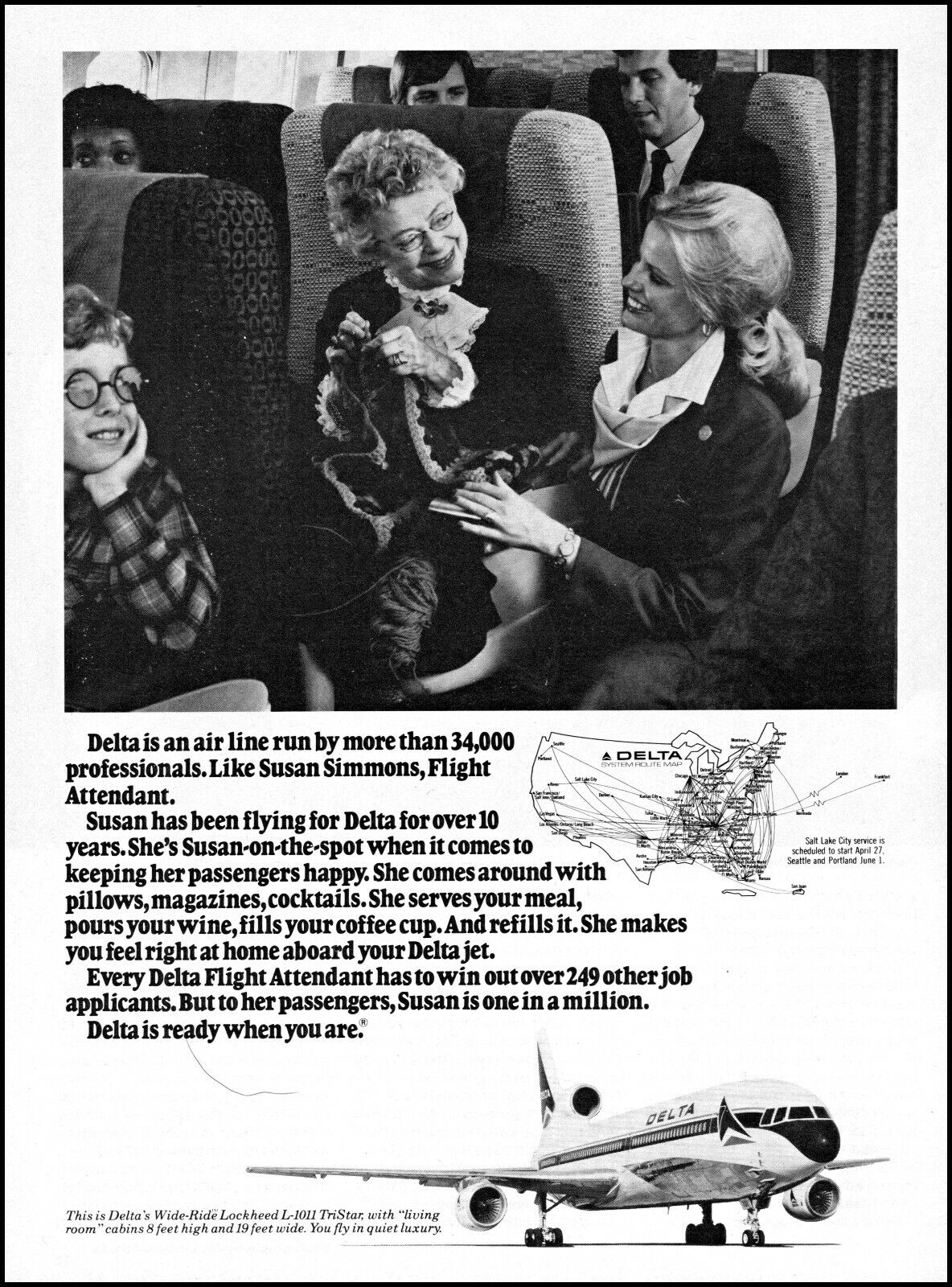 1980 Delta airlines Stewardess Susan Simmons flight retro photo print ad S15