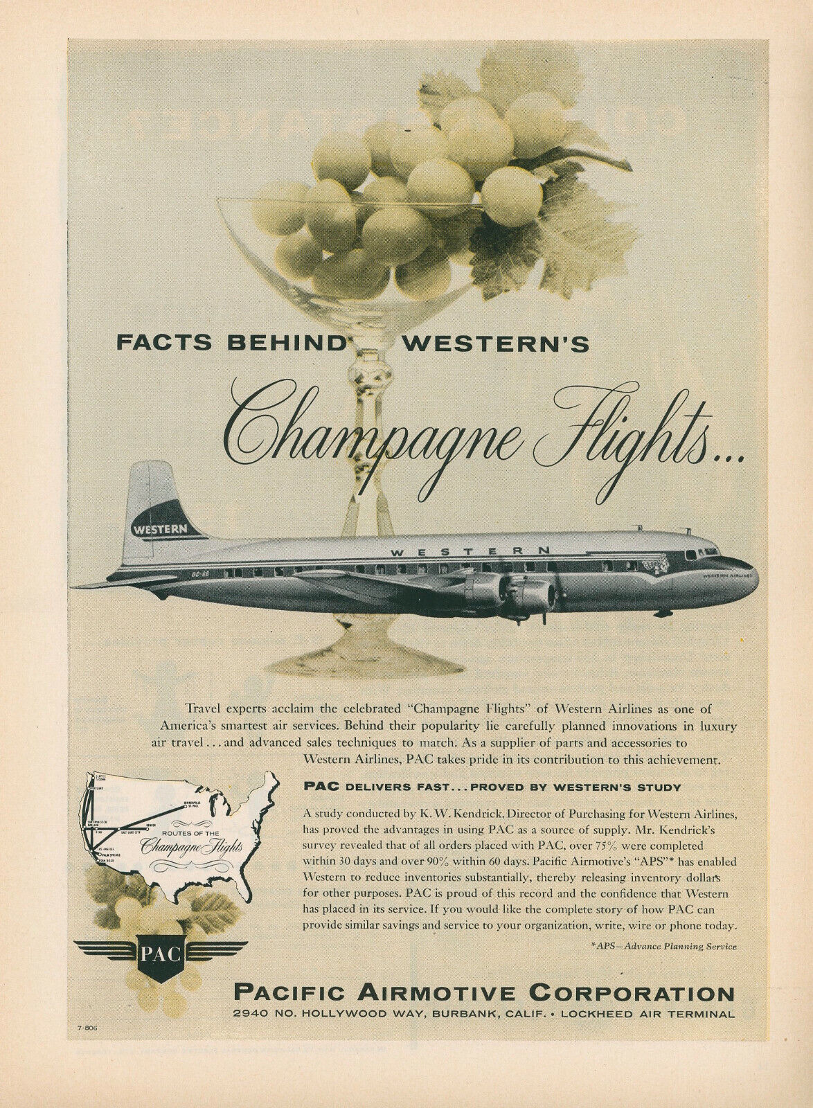 1956 Pacific Airmotive Aviation Ad Western Airlines Champagne Flights Travel