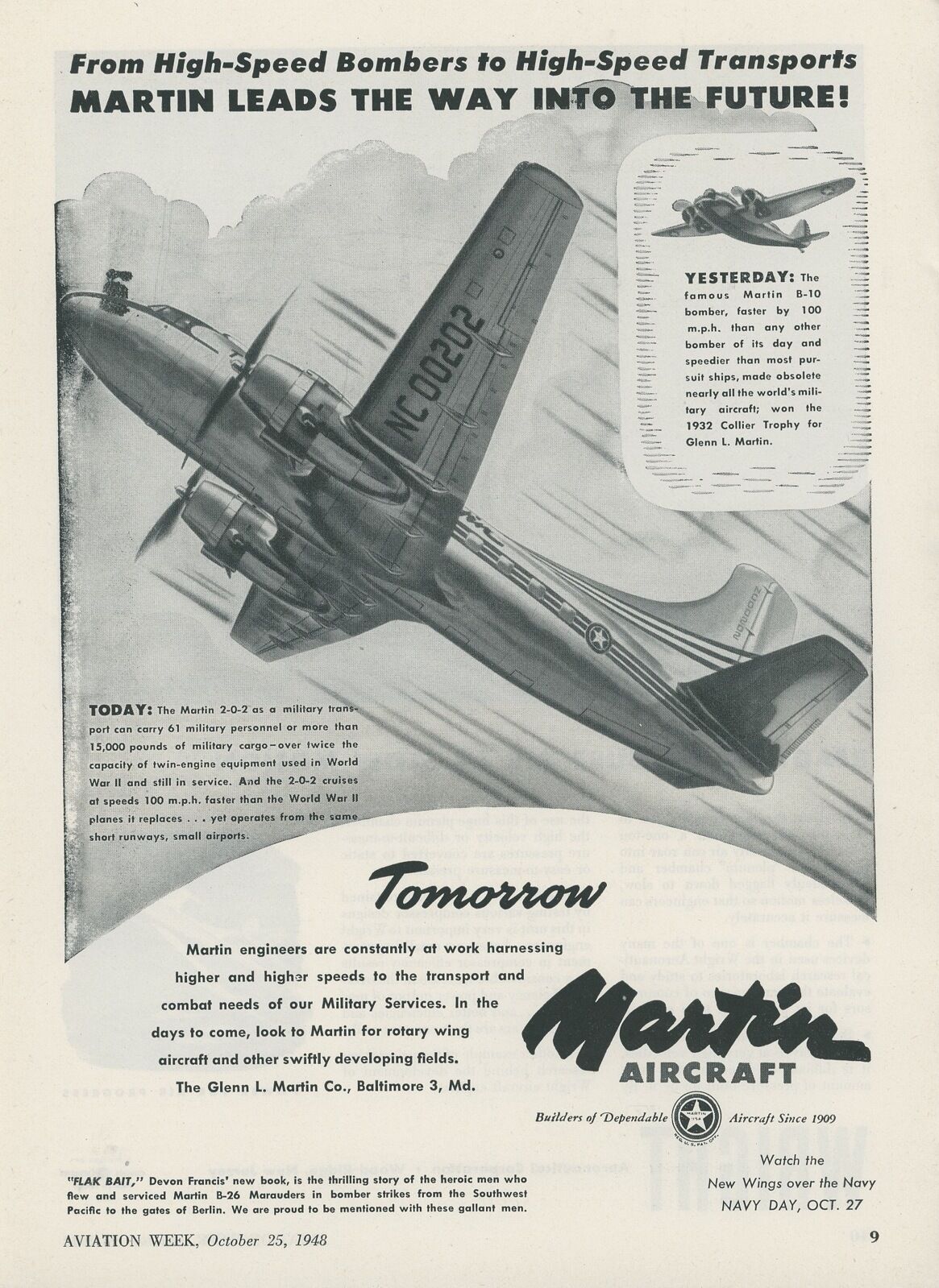 1948 Martin Aircraft Ad 2-0-2 Airliner as Military Transport Cargo Plane