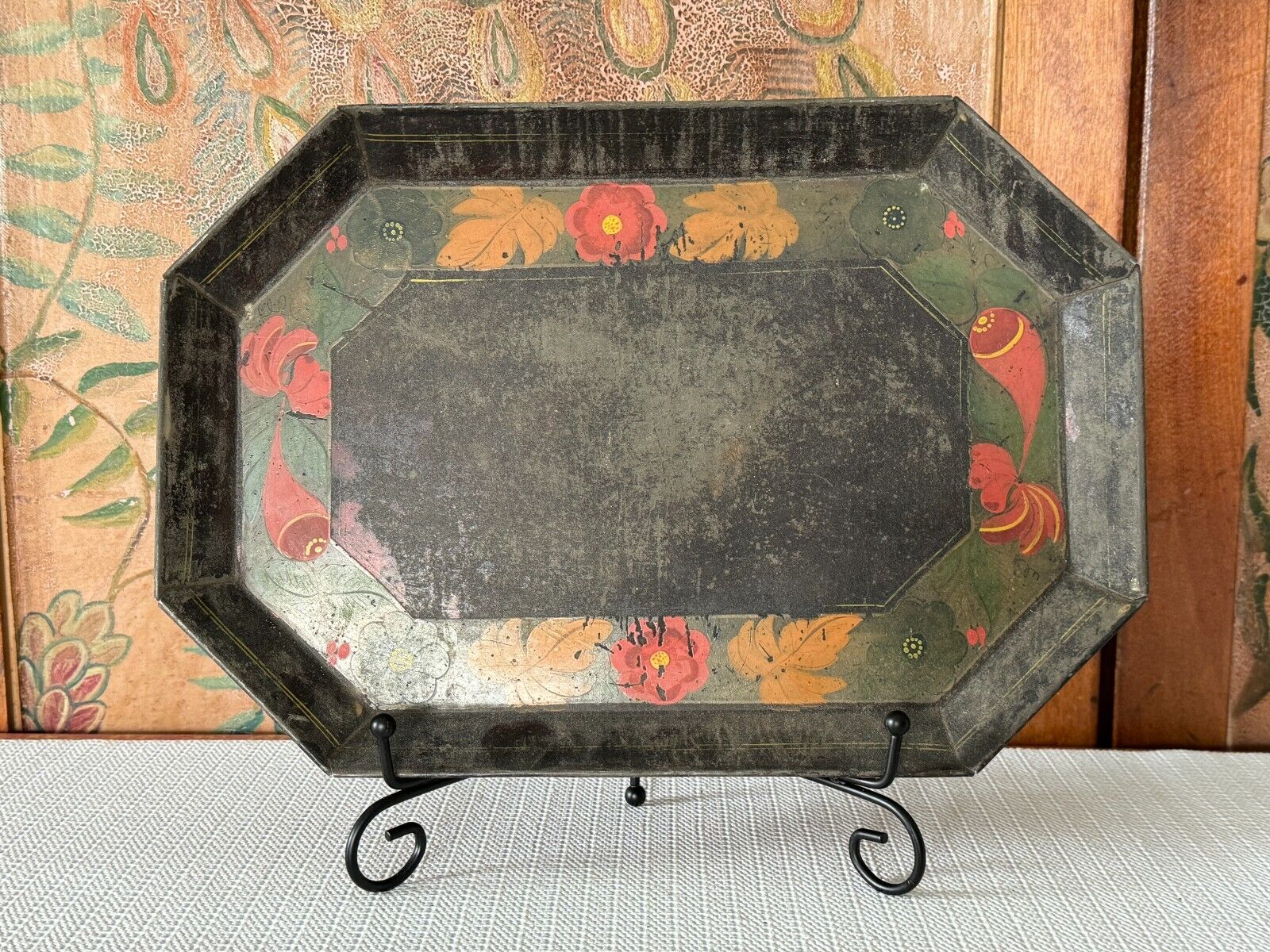 Antique Primitive Hand Painted Decorative Tole Tinware Toleware Tray