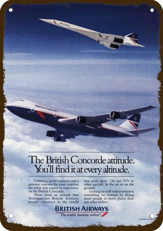 1985 BRITISH AIRWAYS CONCORDE & 747 JET Deco-Edge DECORATIVE REPLICA METAL SIGN