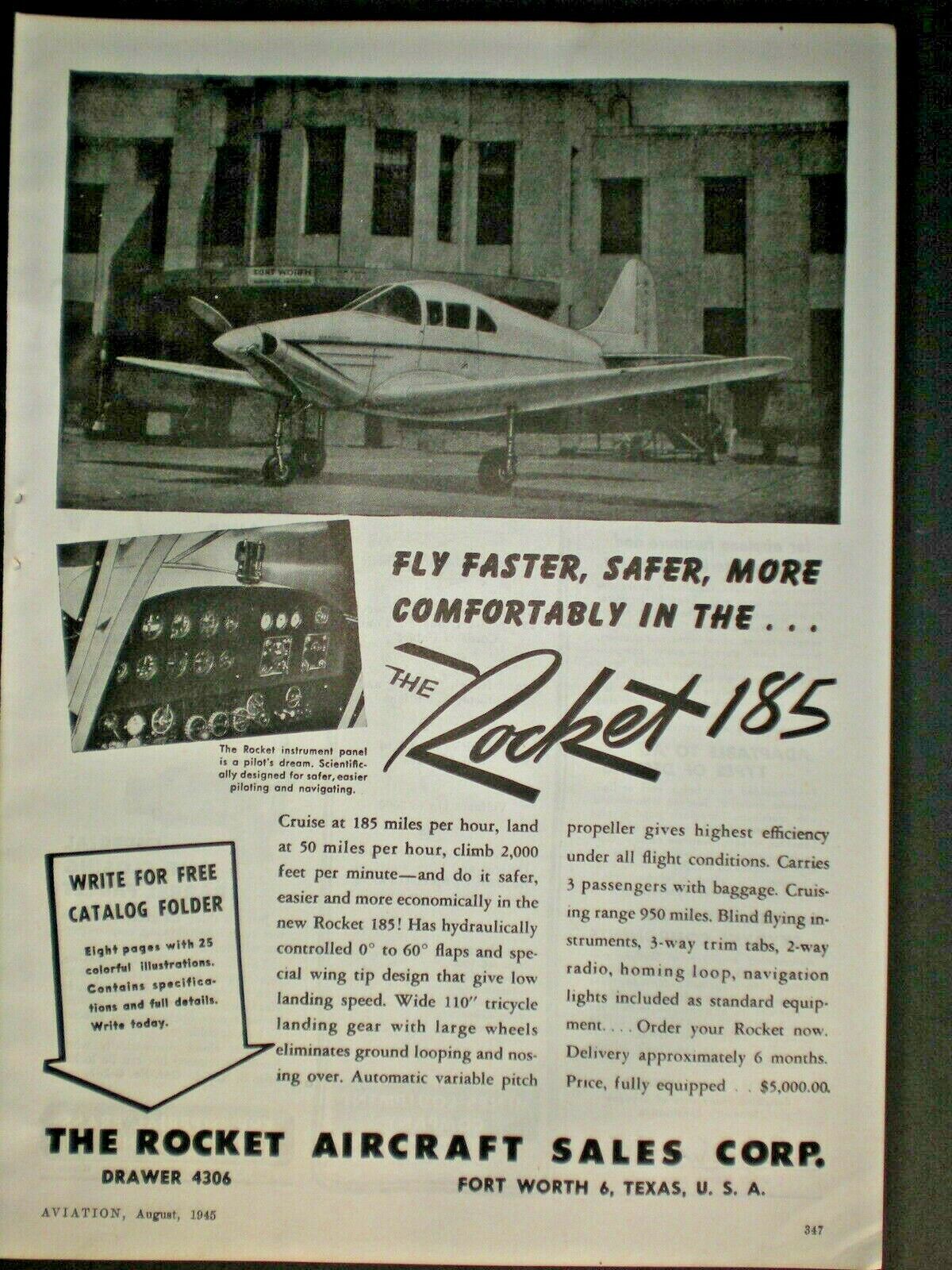 1945 ROCKET 185 PLANE vintage ROCKET AIRCRAFT SALES CORP Trade print ad
