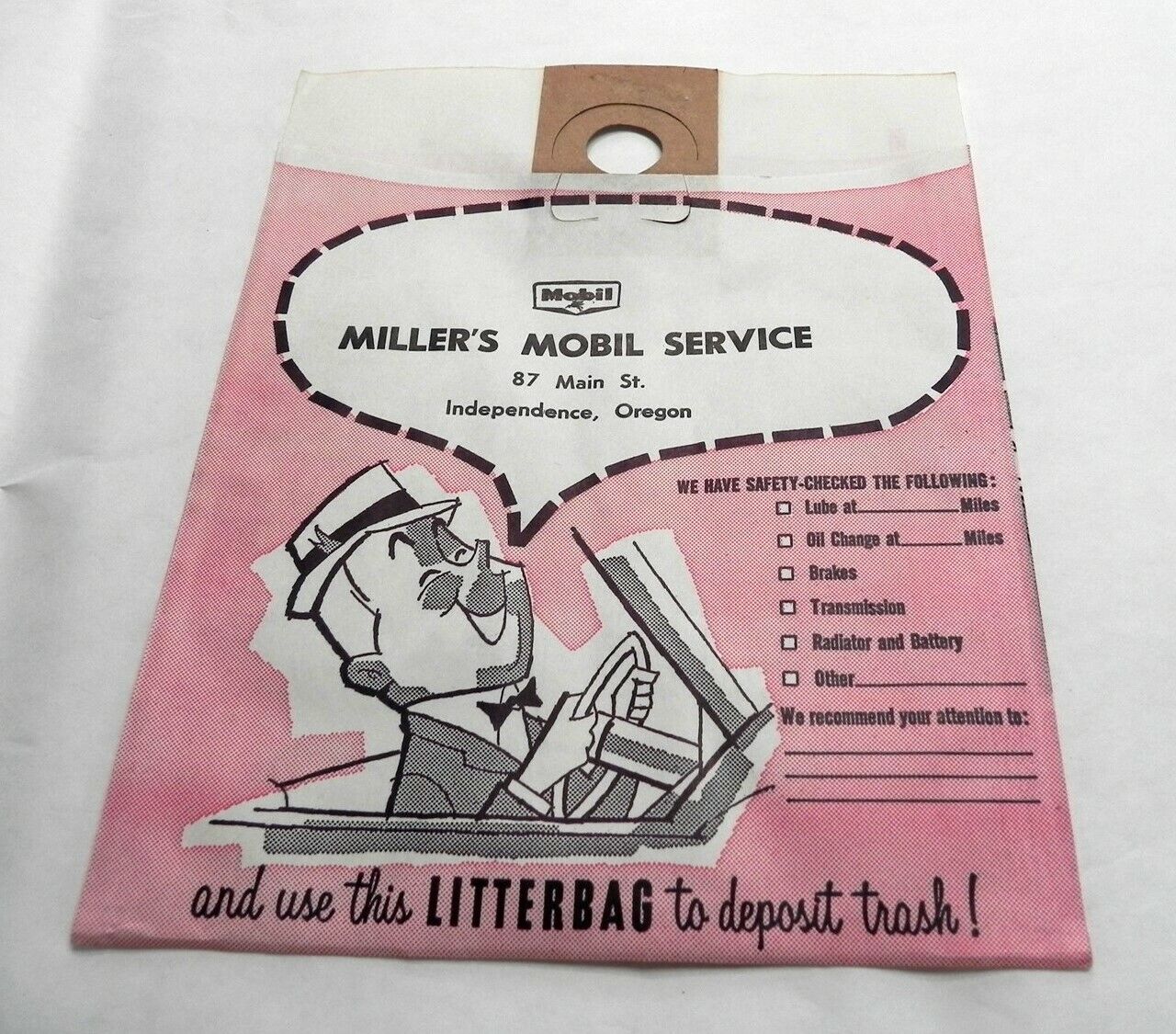 1950s VINTAGE MOBIL GAS SERVICE STATION TRASH LITTER BAG INDEPENDENCE OREGON
