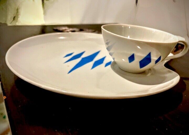 MCM RARE- Atomic Blue Diamond FINE CHINA luncheon 11pc cup & plate set by Roja
