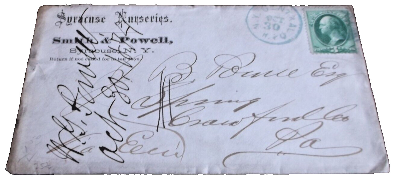 OCTOBER 1879 NEW YORK CENTRAL NYC RPO HANDLED ENVELOPE